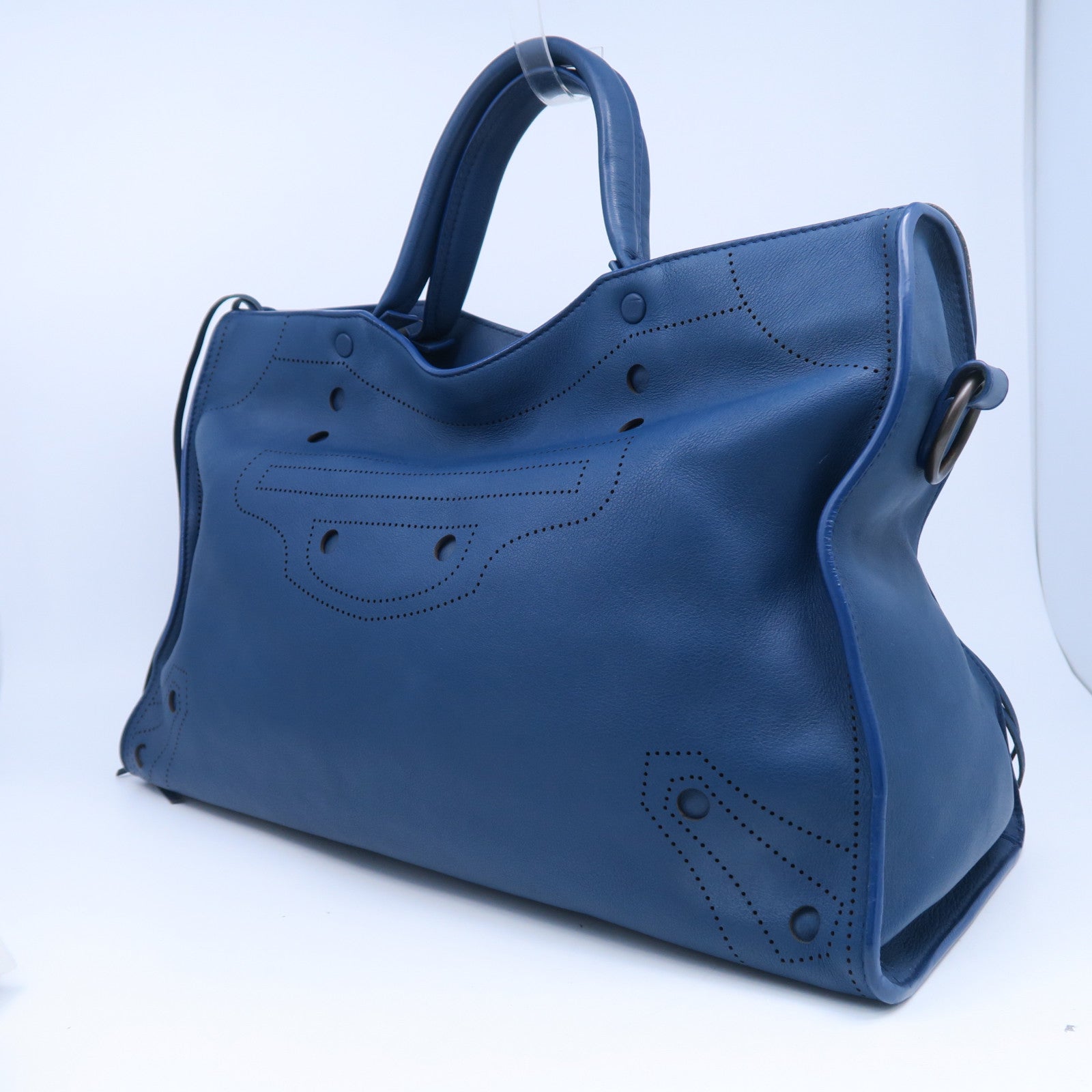 BALENCIAGA 牛皮皮革Blackout City黑扣手挽肩背两用袋蓝色