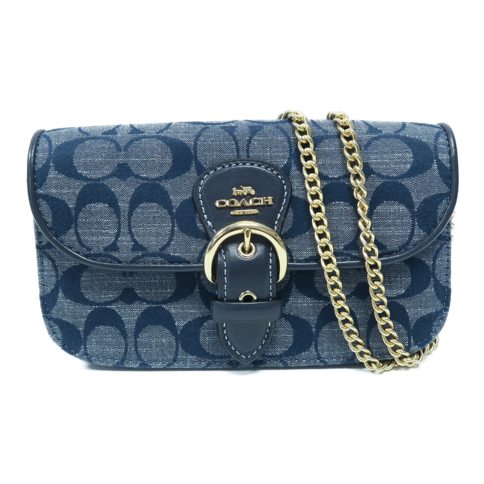 COACH 帆布/皮革Chain Shoulder Bag金扣鏈帶肩背袋藍色