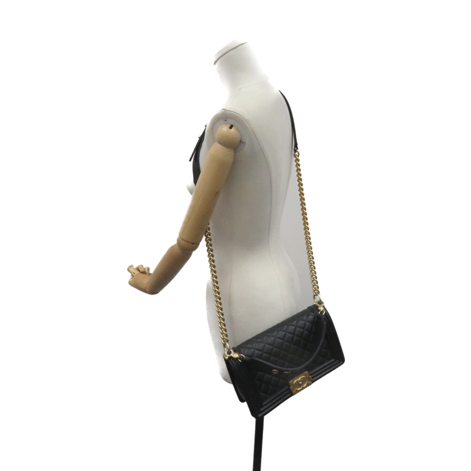 CHANEL Rhombus Sheepskin Leather Boy 25 2Way Shoulder Bag Gold Buckle Chain Belt Handle Shoulder Bag Black