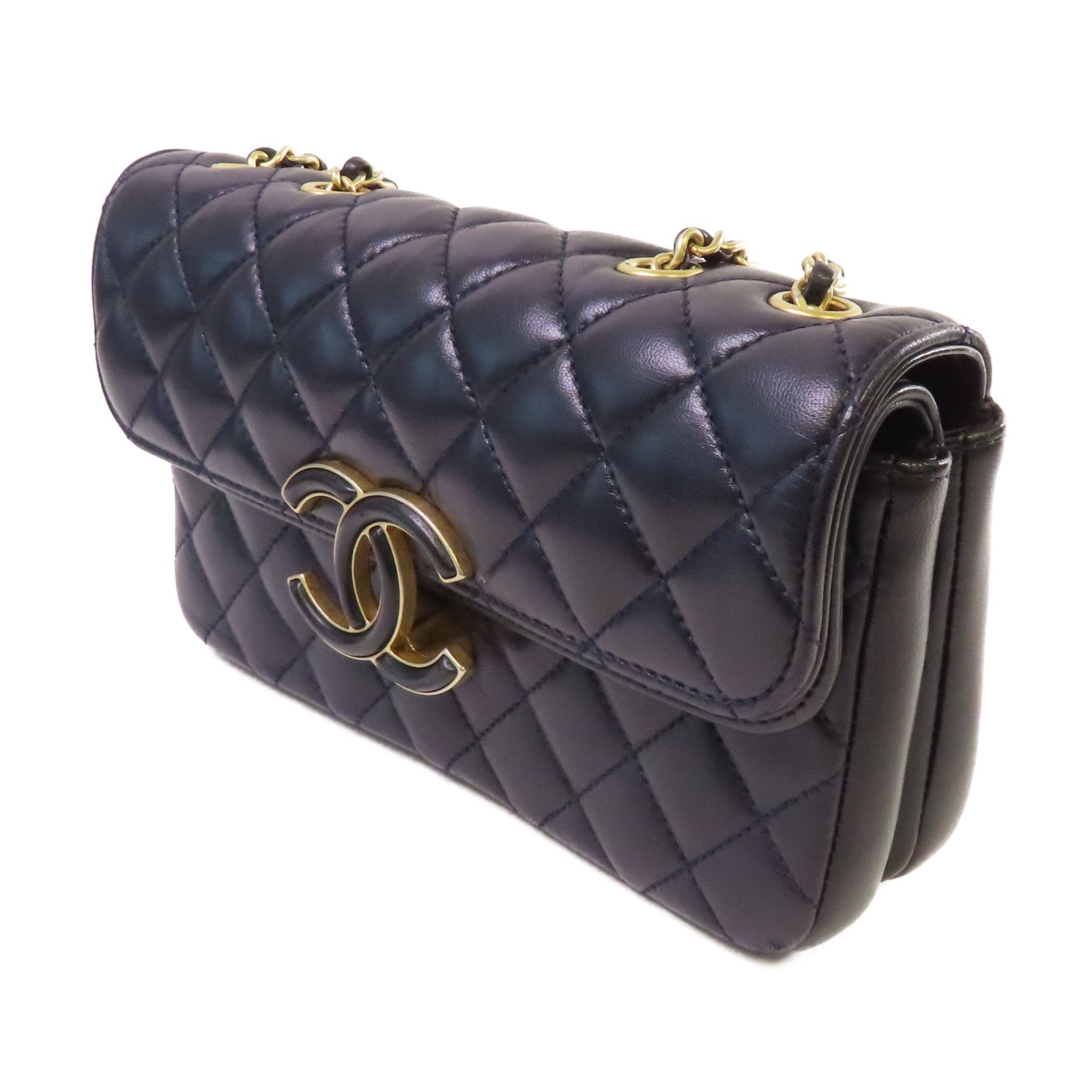 CHANEL 菱格羊皮皮革Chain Shoulder Bag金扣鏈帶肩背袋黑色