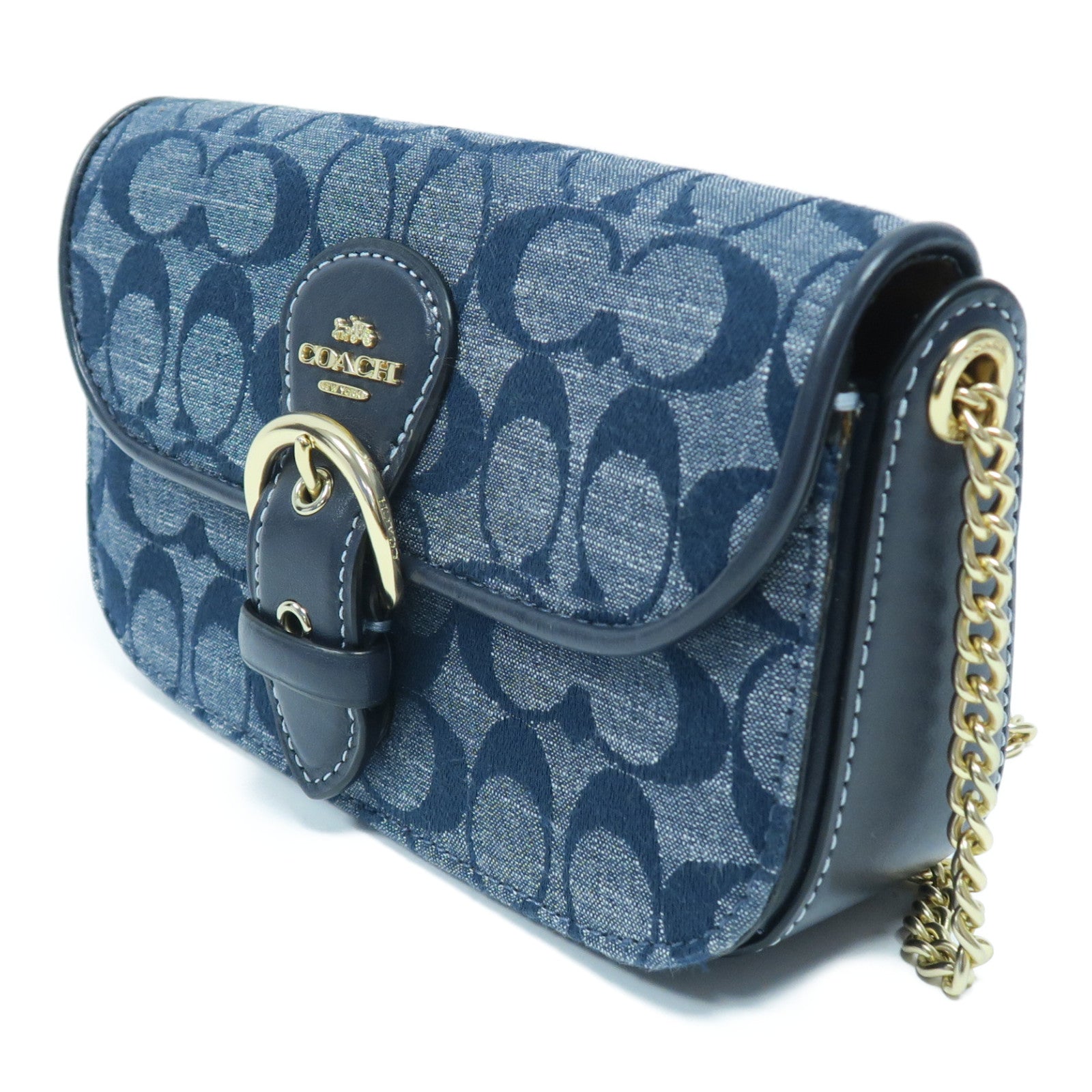COACH 帆布/皮革Chain Shoulder Bag金扣鏈帶肩背袋藍色
