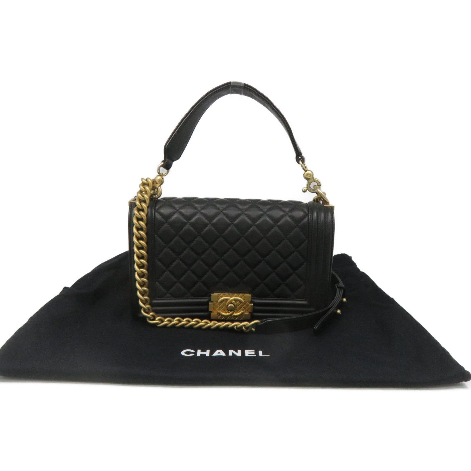 CHANEL Rhombus Sheepskin Leather Boy 25 2Way Shoulder Bag Gold Buckle Chain Belt Handle Shoulder Bag Black