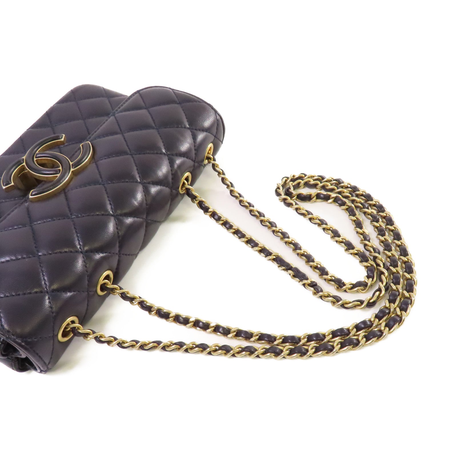 CHANEL 菱格羊皮皮革Chain Shoulder Bag金扣鏈帶肩背袋黑色