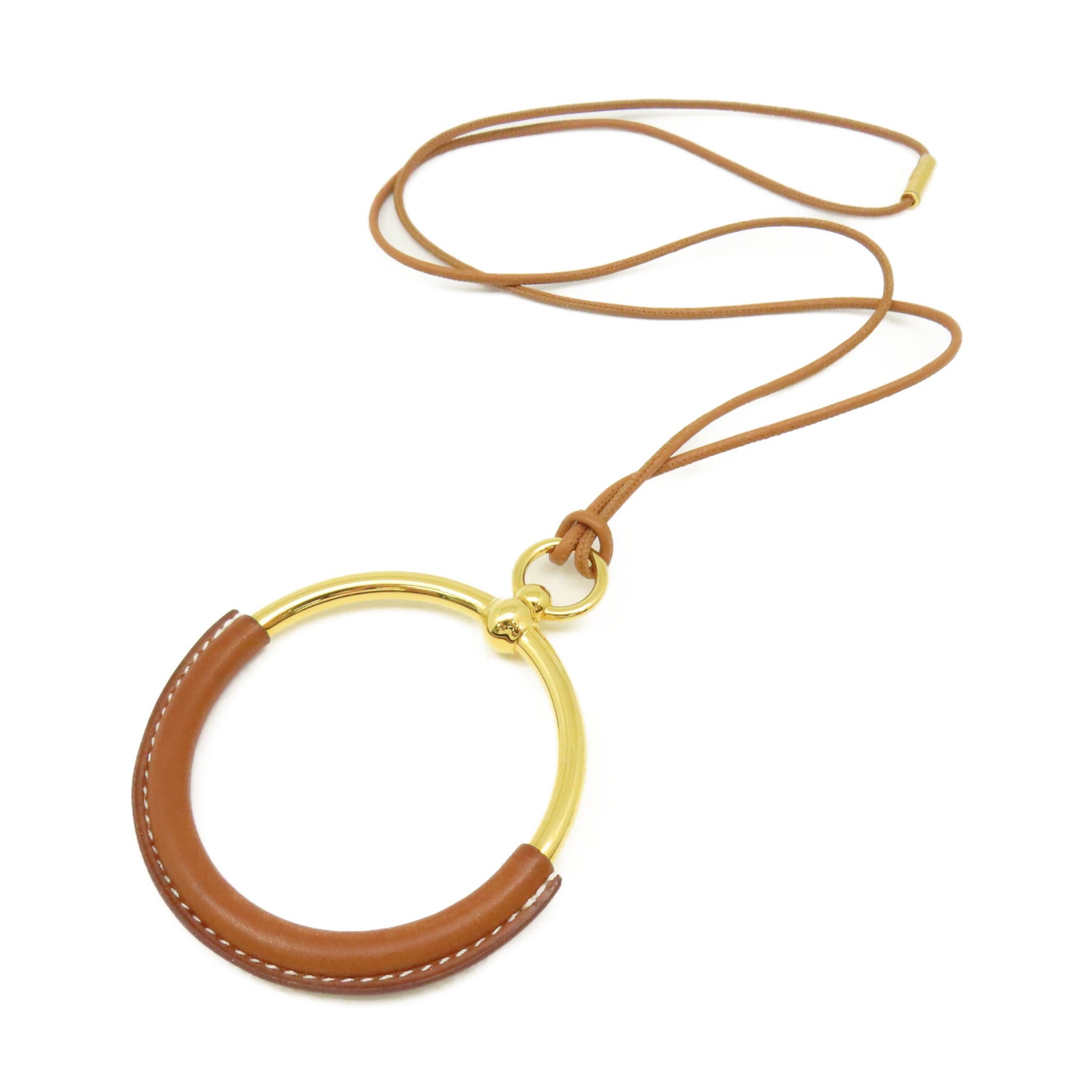 HERMES 金屬/牛皮皮革Necklace項鏈金色/啡色