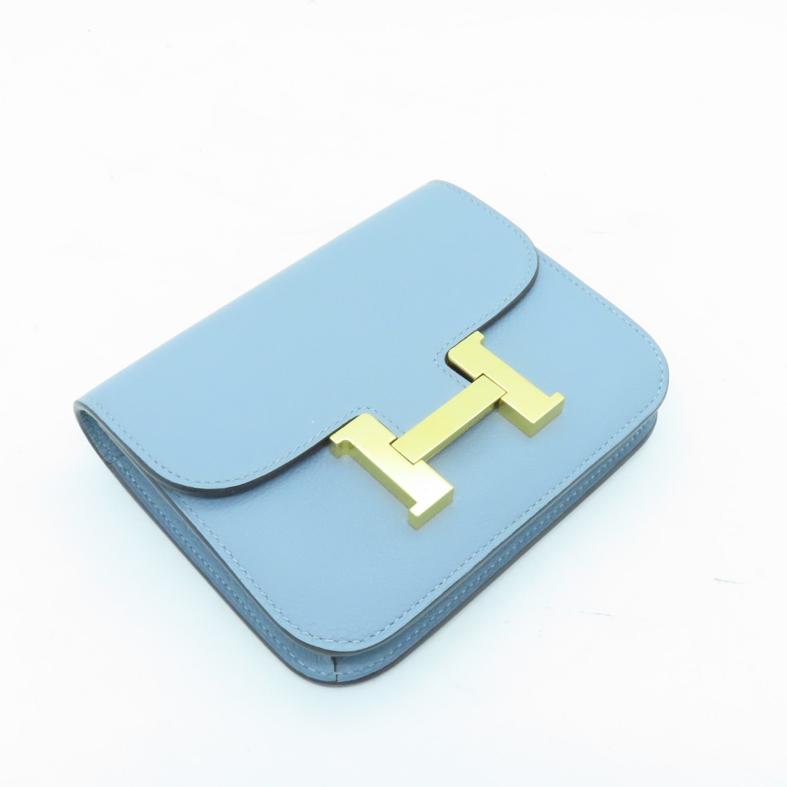 HERMES Clemence皮革Constance Slim金扣錢包淺藍色