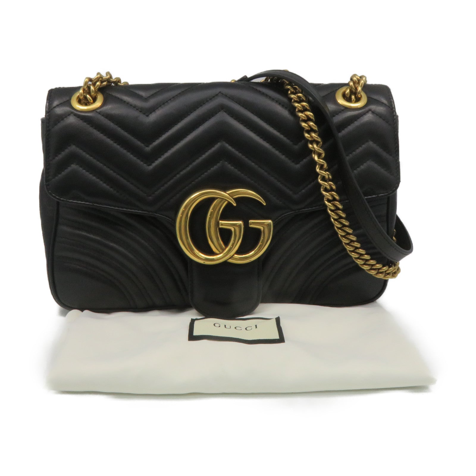 GUCCI 牛皮皮革GG Marmont Chain Shoulder Bag金扣鏈帶肩背袋黑色