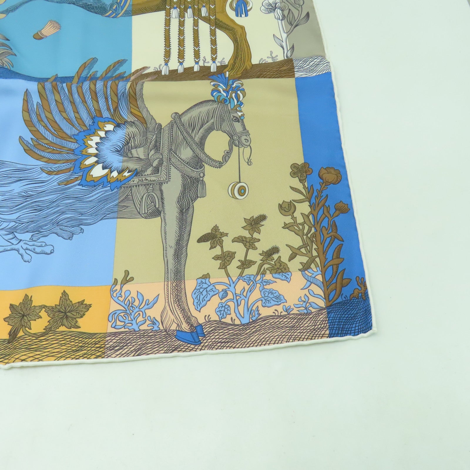 HERMES 絲質Scarf絲巾藍色/米色/彩色