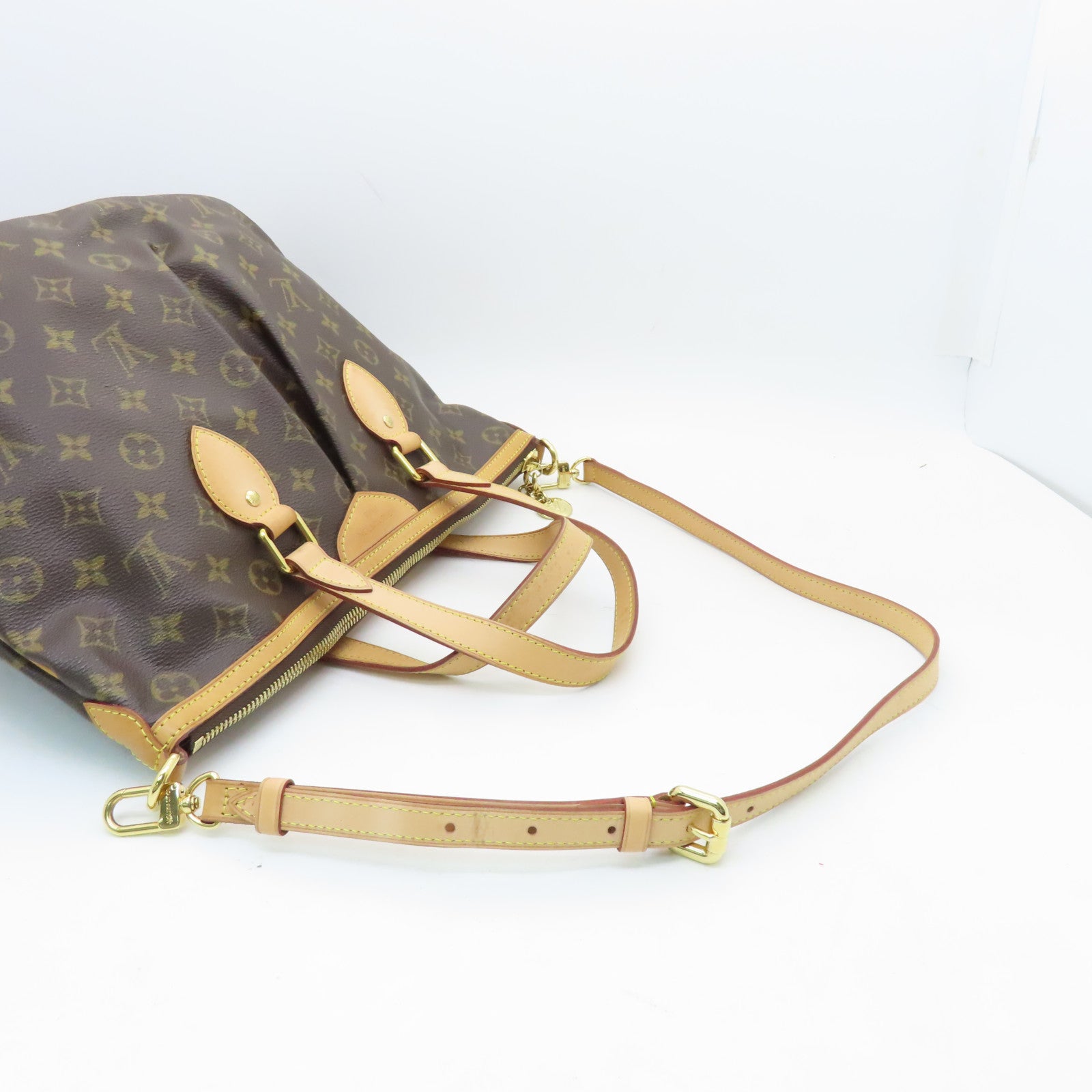 LOUIS VUITTON Monogram Palamo PM gold buckle handle shoulder bag brown