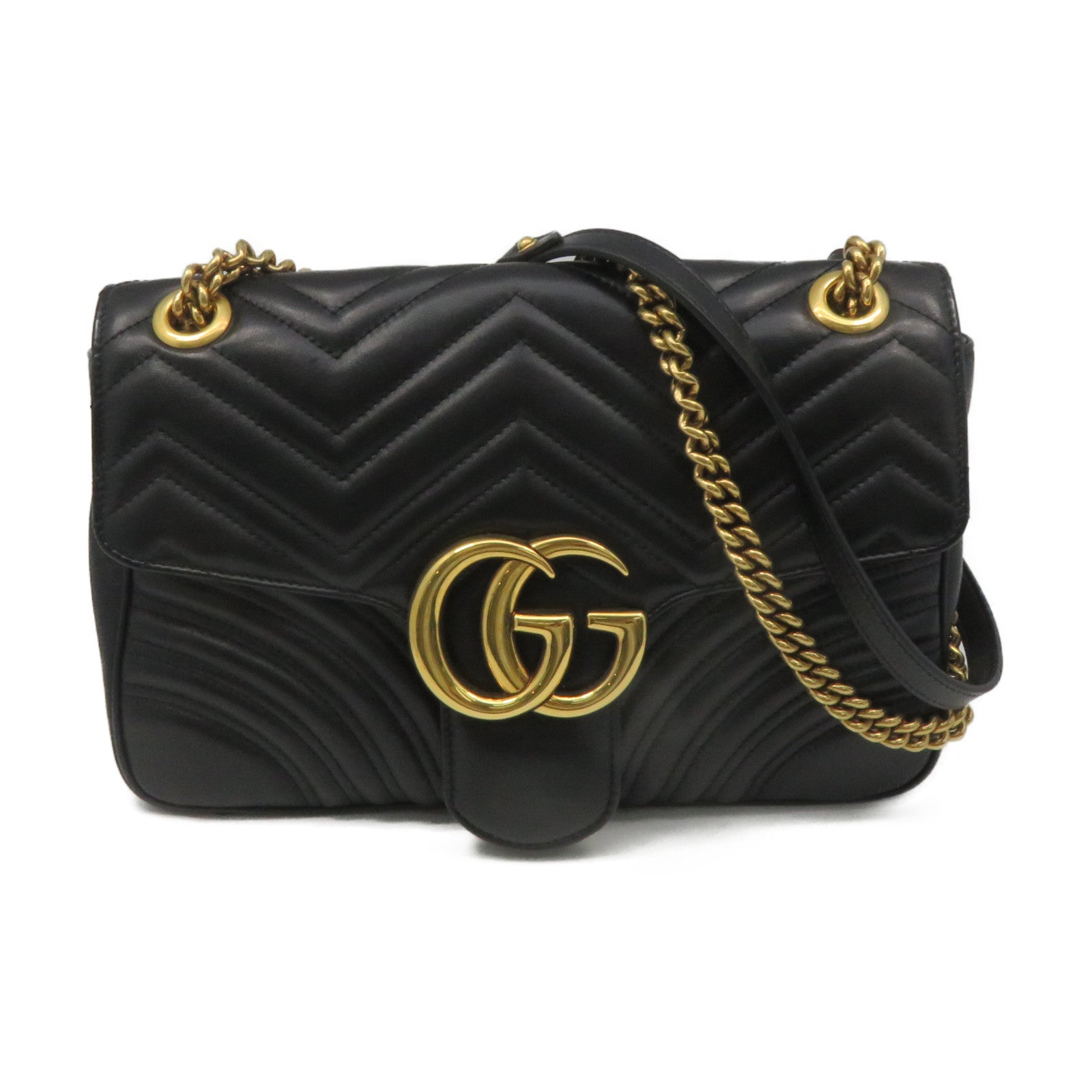 GUCCI 牛皮皮革GG Marmont Chain Shoulder Bag金扣鏈帶肩背袋黑色