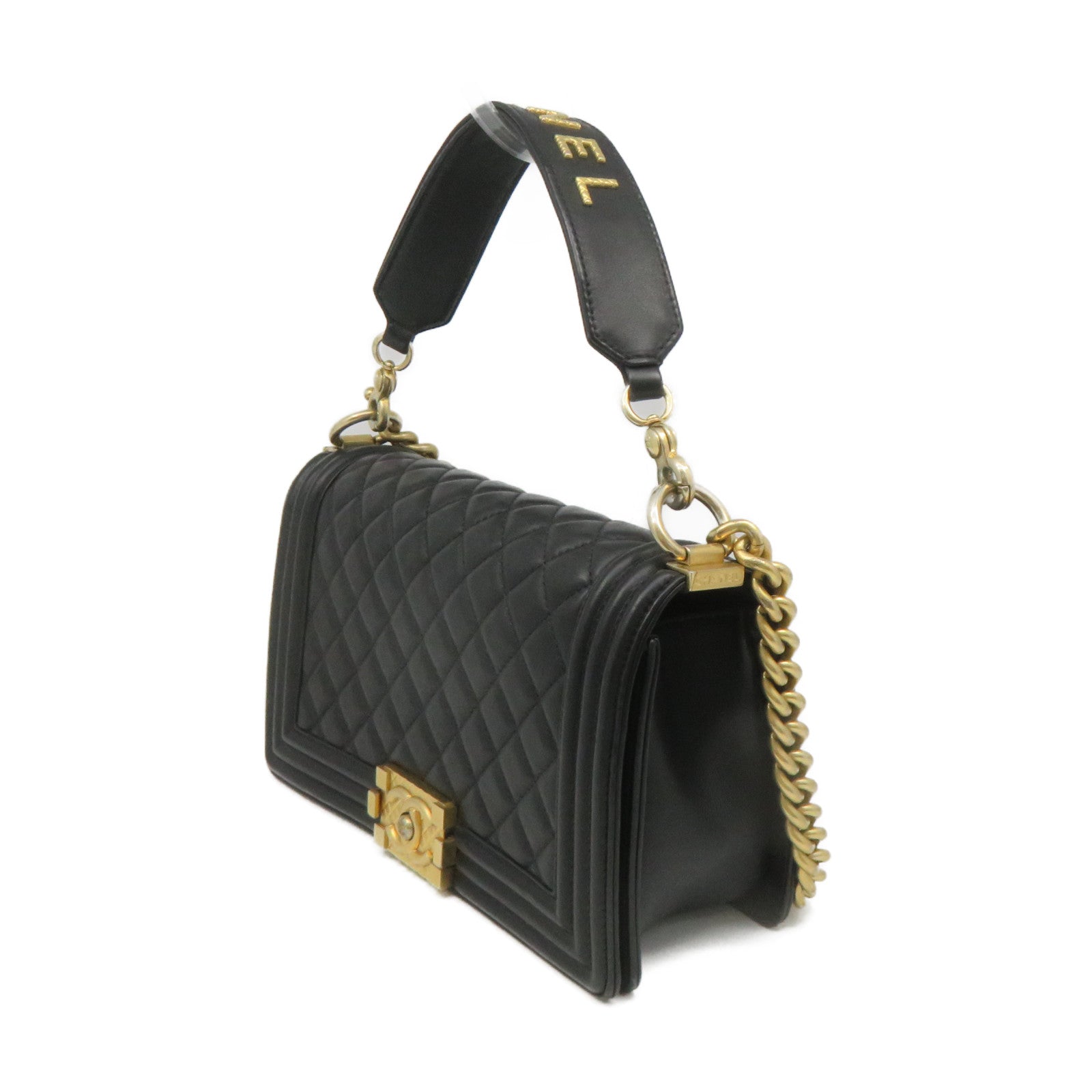 CHANEL Rhombus Sheepskin Leather Boy 25 2Way Shoulder Bag Gold Buckle Chain Belt Handle Shoulder Bag Black