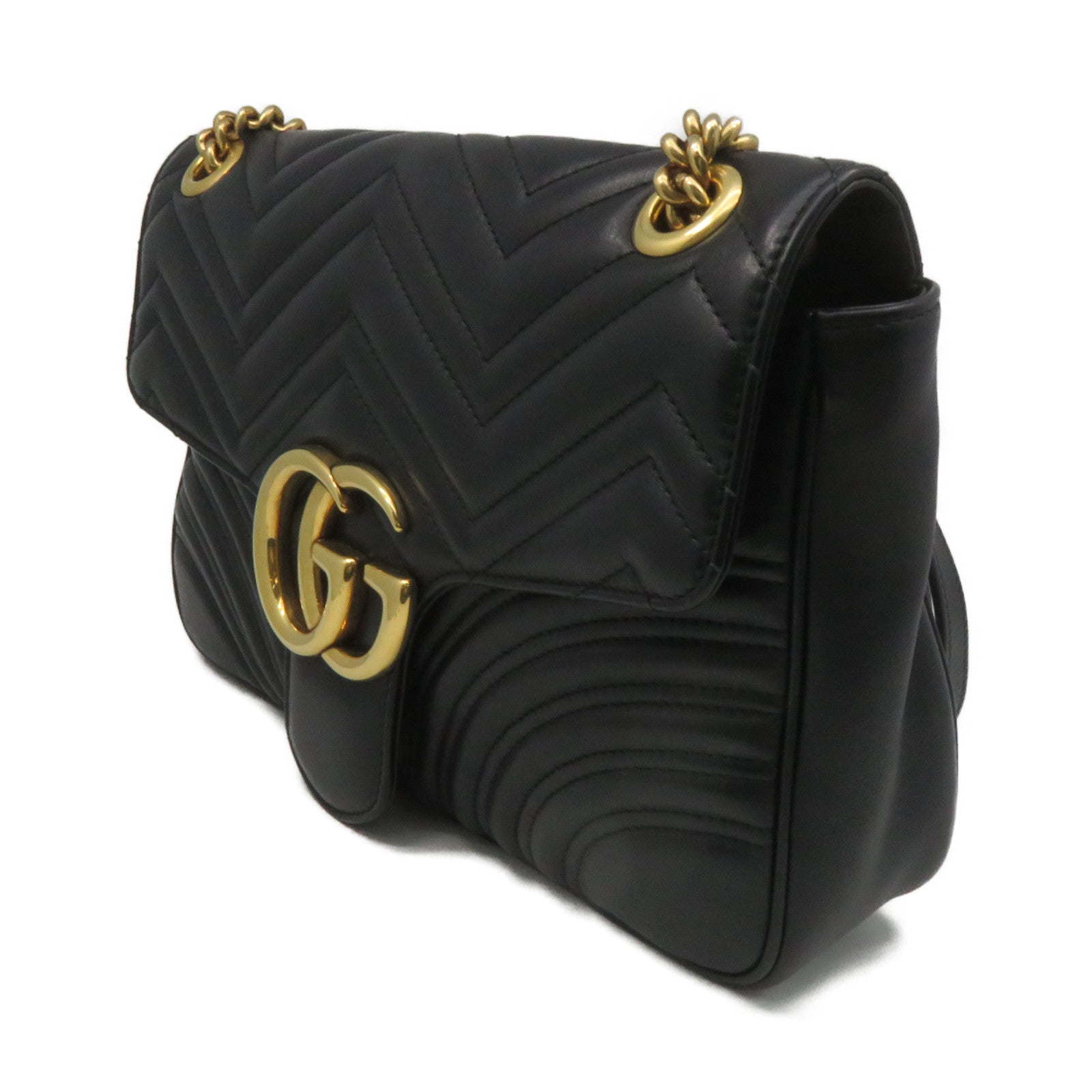 GUCCI 牛皮皮革GG Marmont Chain Shoulder Bag金扣鏈帶肩背袋黑色