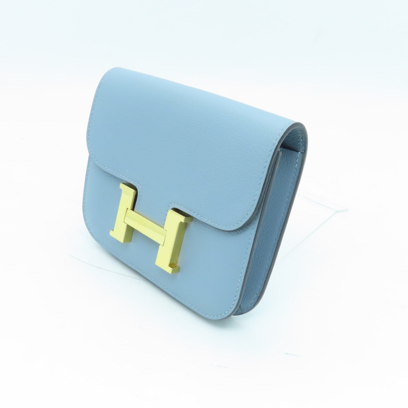 HERMES Clemence皮革Constance Slim金扣錢包淺藍色