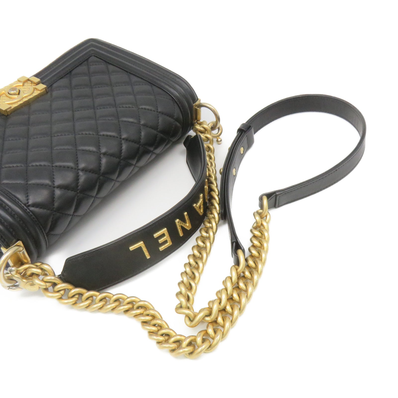 CHANEL Rhombus Sheepskin Leather Boy 25 2Way Shoulder Bag Gold Buckle Chain Belt Handle Shoulder Bag Black