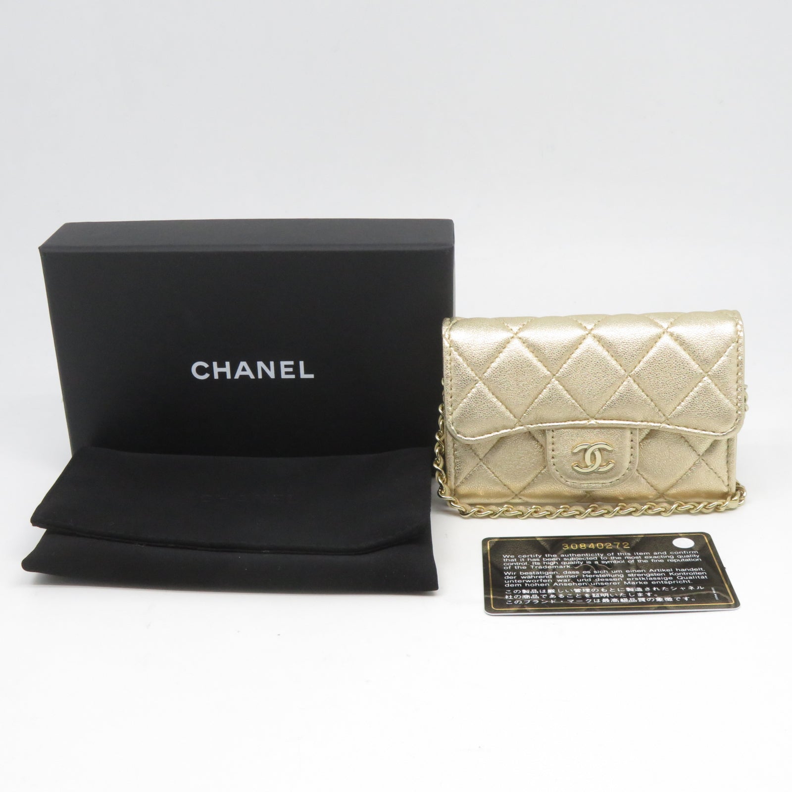 CHANEL 菱格羊皮皮革Card Case Waist Bag金扣鏈帶卡片套金色