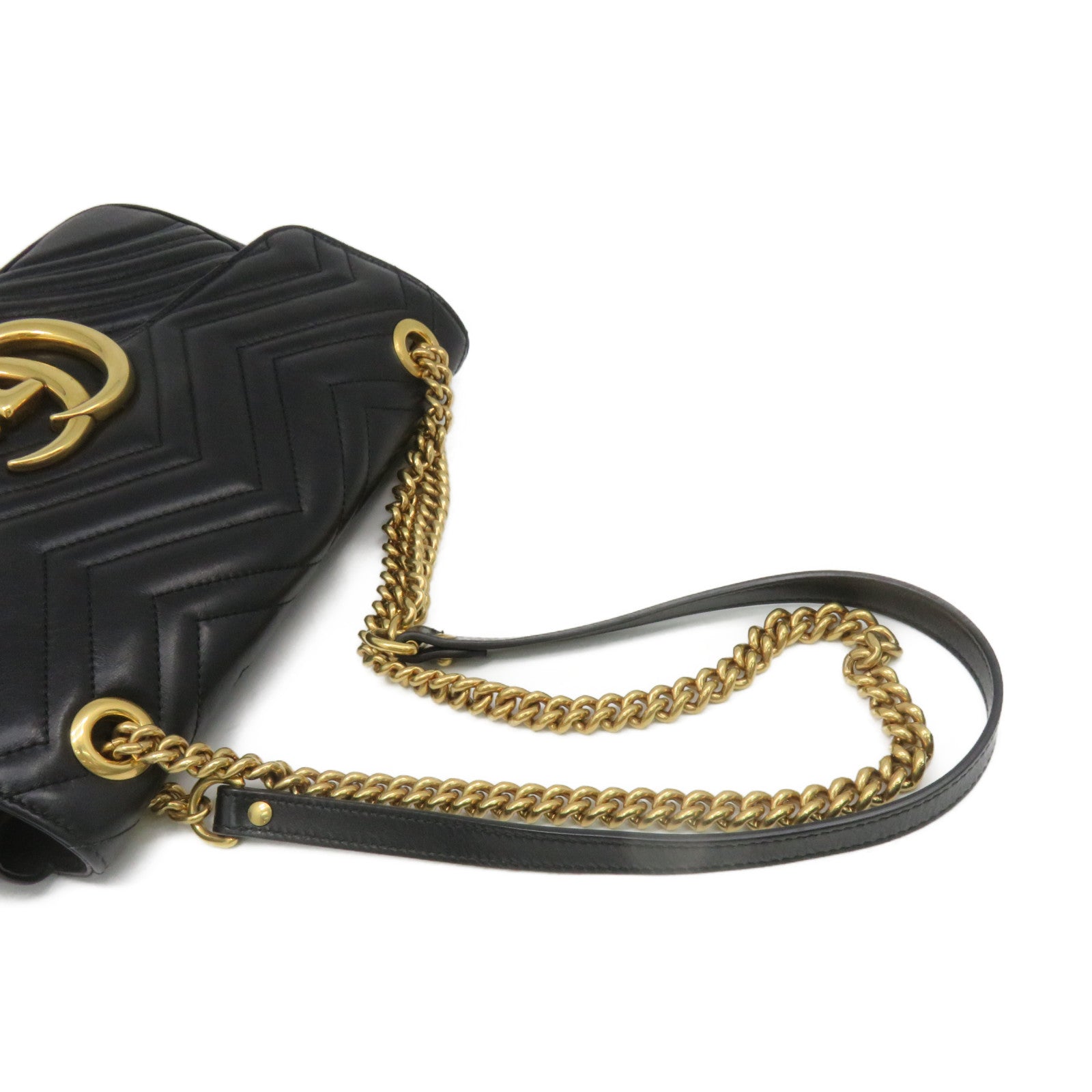 GUCCI 牛皮皮革GG Marmont Chain Shoulder Bag金扣鏈帶肩背袋黑色