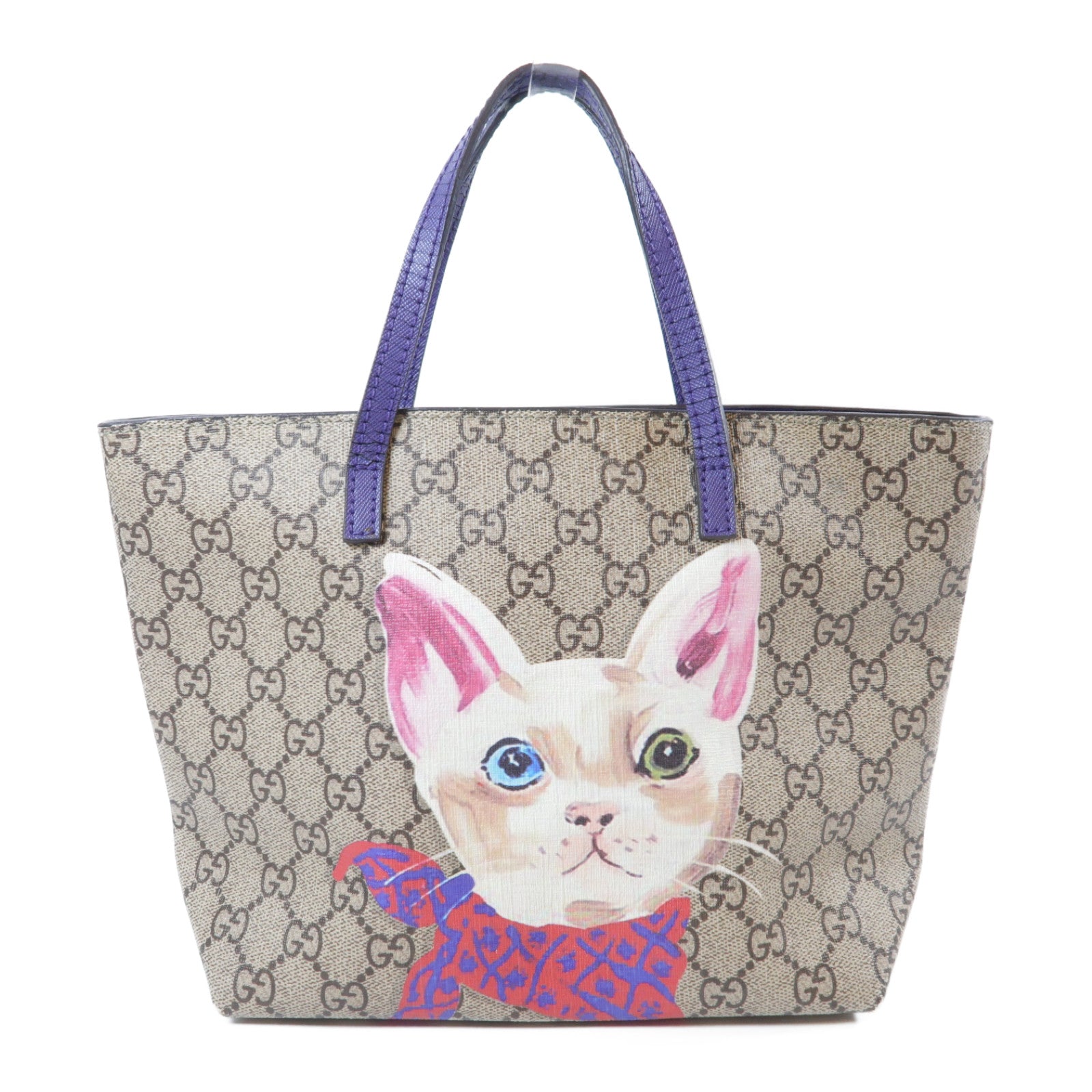 GUCCI 塗層帆布Cat Printed Handbag銀扣手挽袋啡色/紫色
