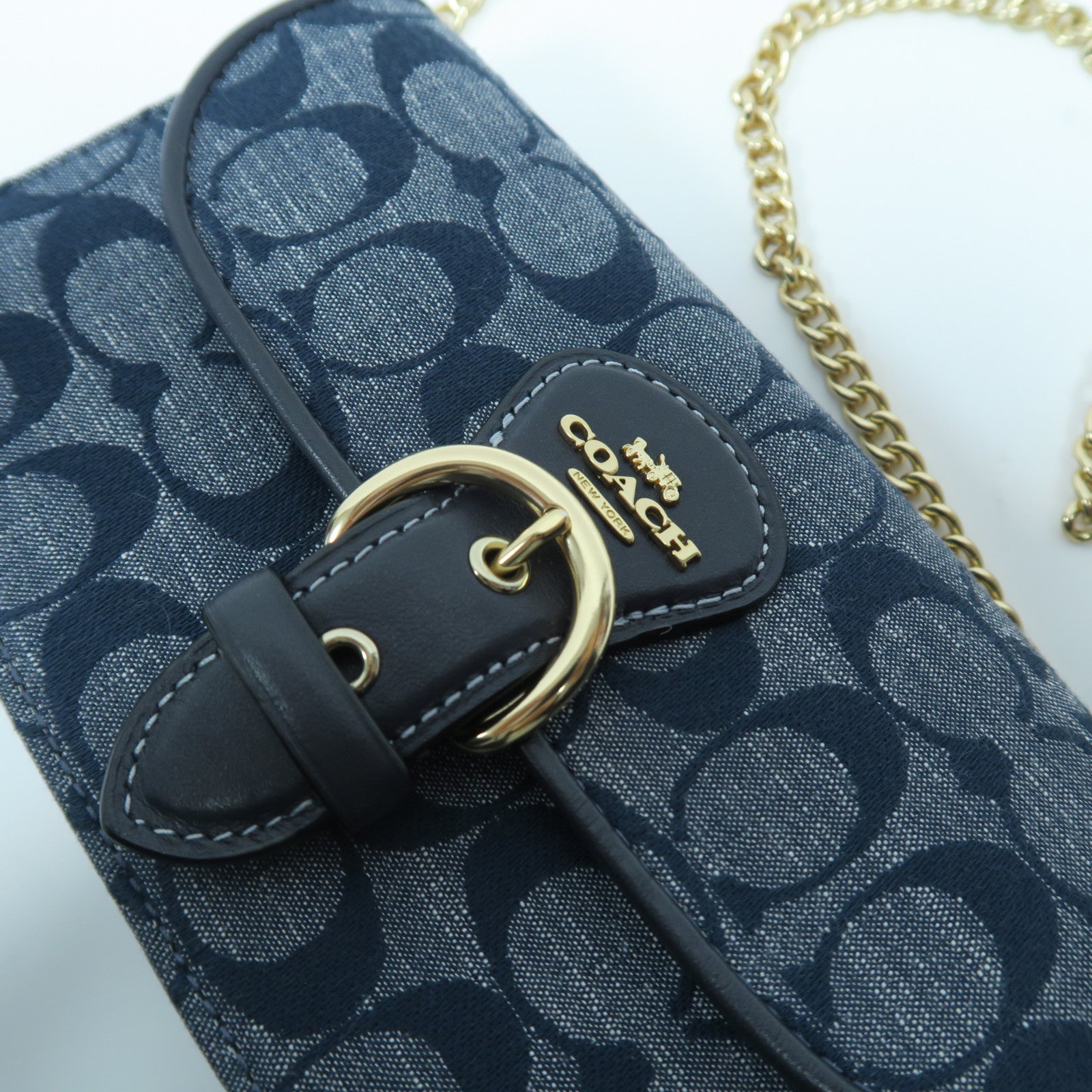 COACH 帆布/皮革Chain Shoulder Bag金扣鏈帶肩背袋藍色