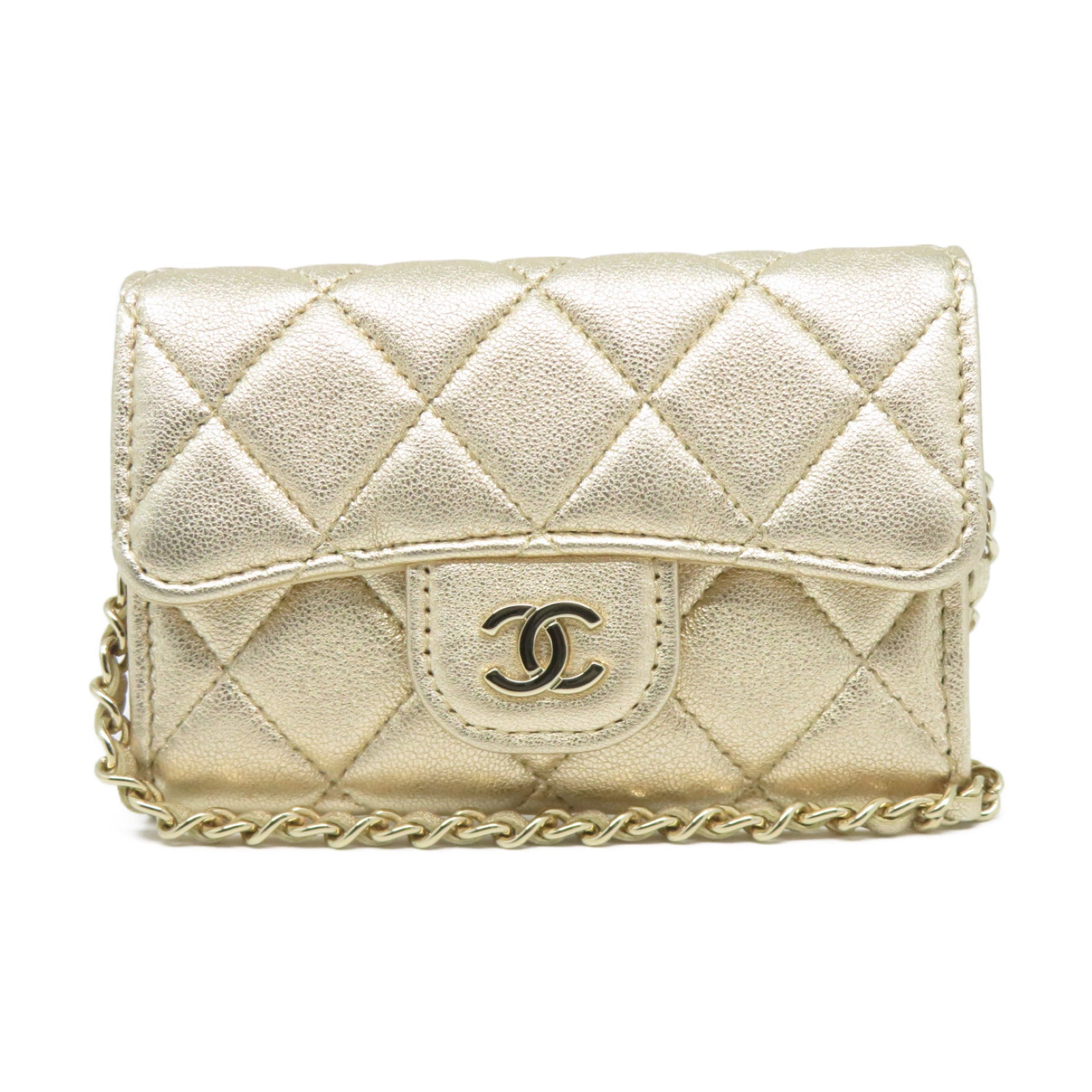CHANEL 菱格羊皮皮革Card Case Waist Bag金扣鏈帶卡片套金色