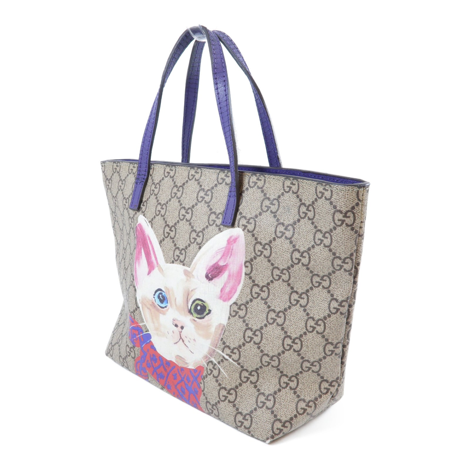 GUCCI 塗層帆布Cat Printed Handbag銀扣手挽袋啡色/紫色