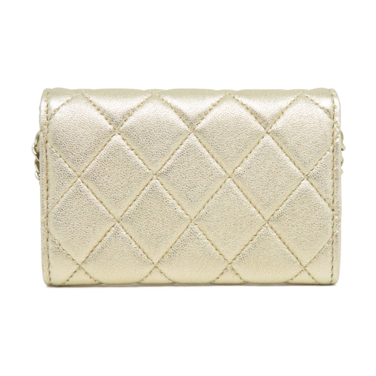 CHANEL 菱格羊皮皮革Card Case Waist Bag金扣鏈帶卡片套金色