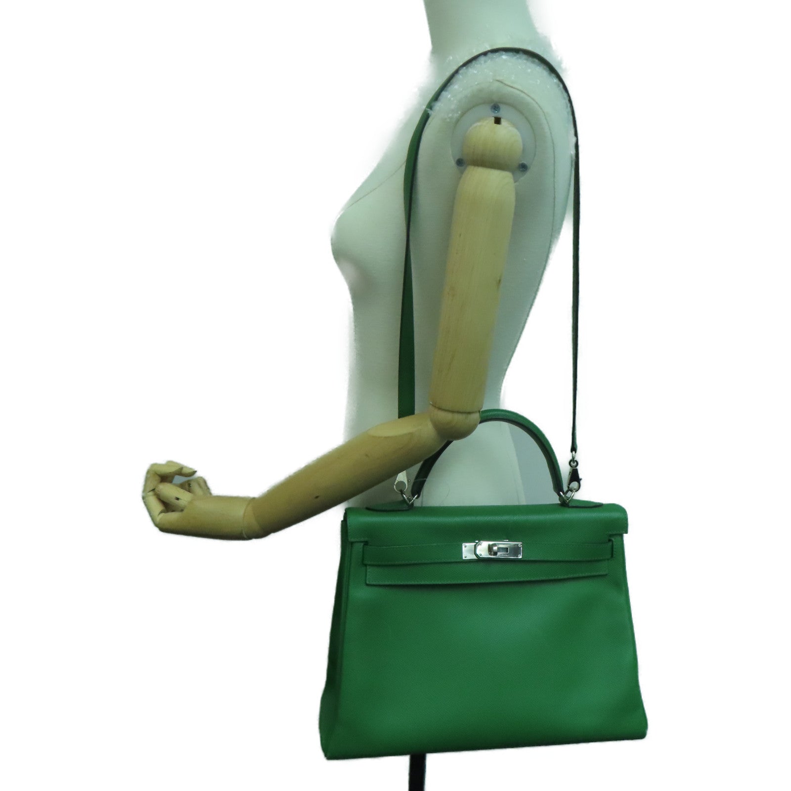 HERMES 【激减优惠】Epsom皮革Kelly 32银扣手挽肩背两用袋Bengale/绿色