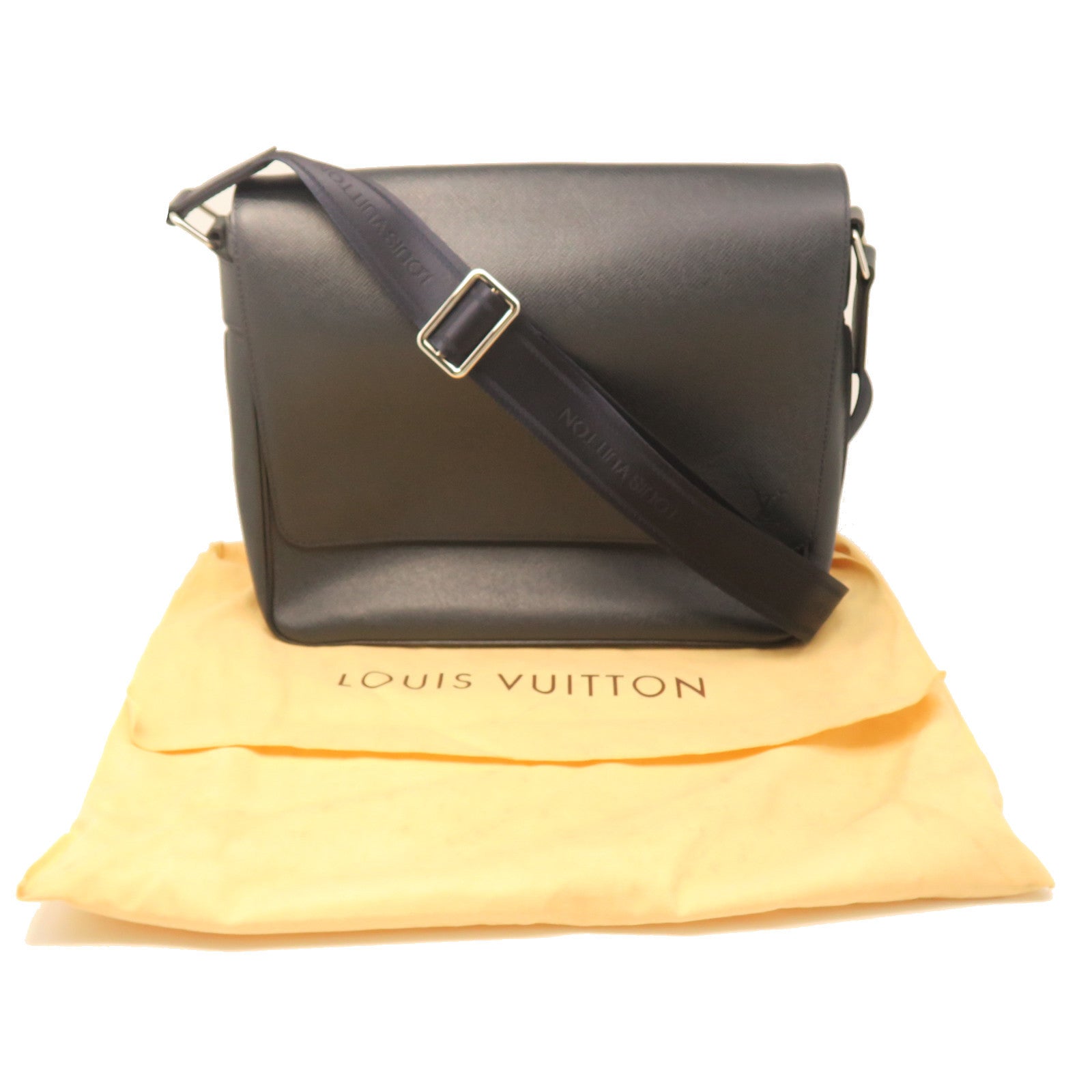 LOUIS VUITTON Taiga Roman MM Silver Buckle Shoulder Bag Black