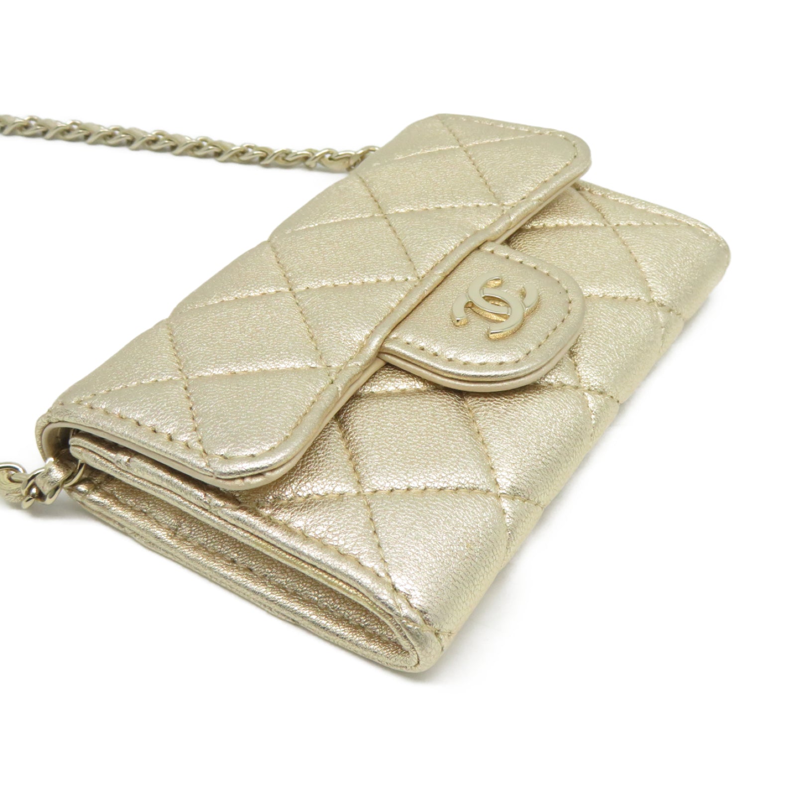 CHANEL 菱格羊皮皮革Card Case Waist Bag金扣鏈帶卡片套金色