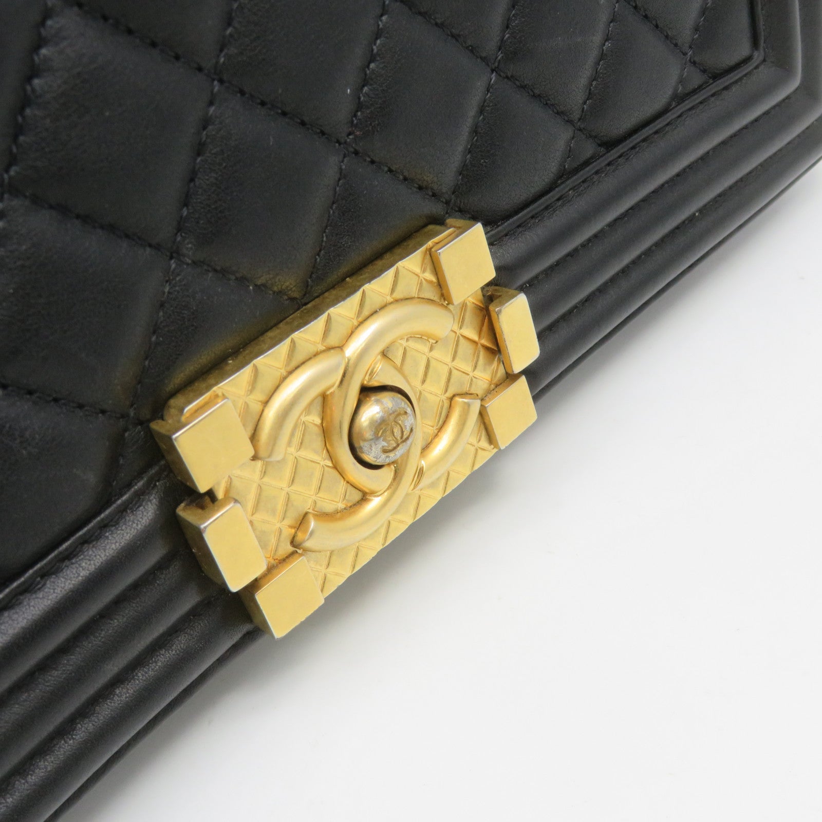 CHANEL Rhombus Sheepskin Leather Boy 25 2Way Shoulder Bag Gold Buckle Chain Belt Handle Shoulder Bag Black