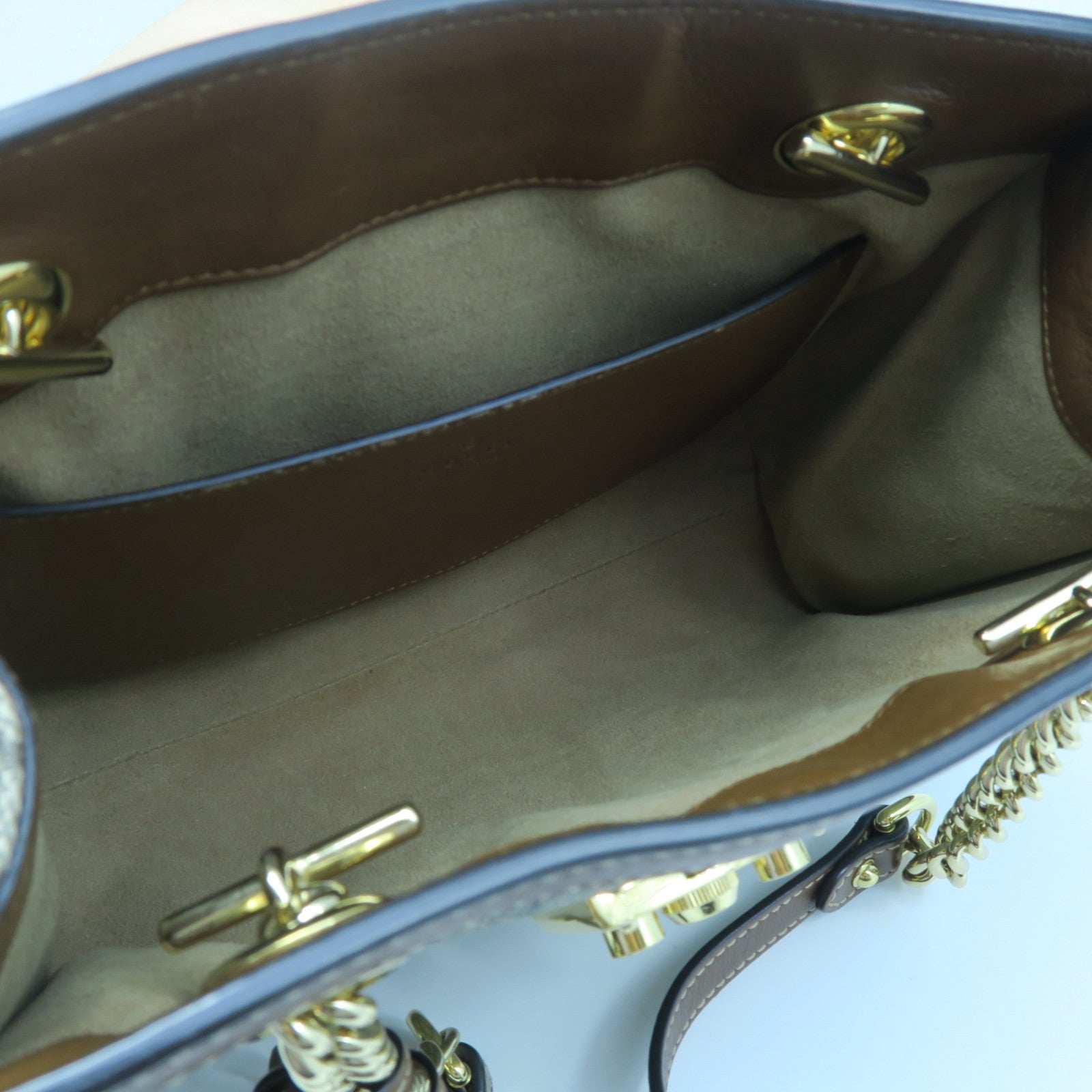 GUCCI 塗層帆布Shoulder Bag金扣肩背袋卡其色