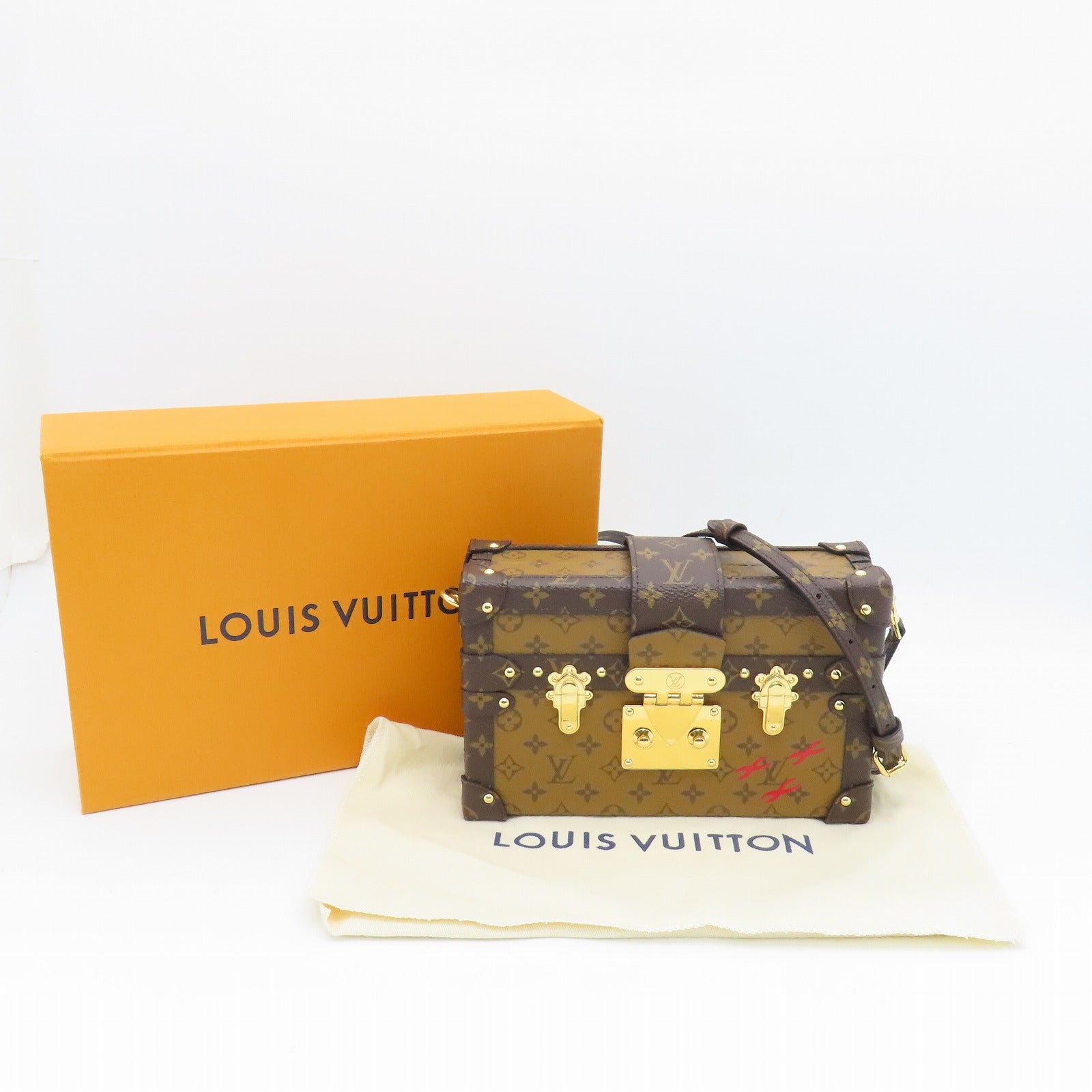 LOUIS VUITTON Monogram Reverse Petite Malle Gold Buckle Shoulder Bag Brown