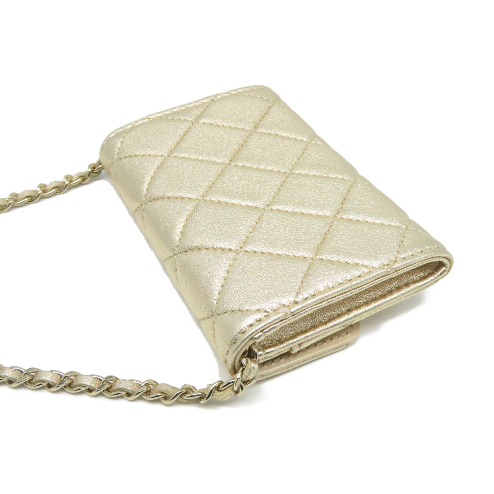 CHANEL 菱格羊皮皮革Card Case Waist Bag金扣鏈帶卡片套金色