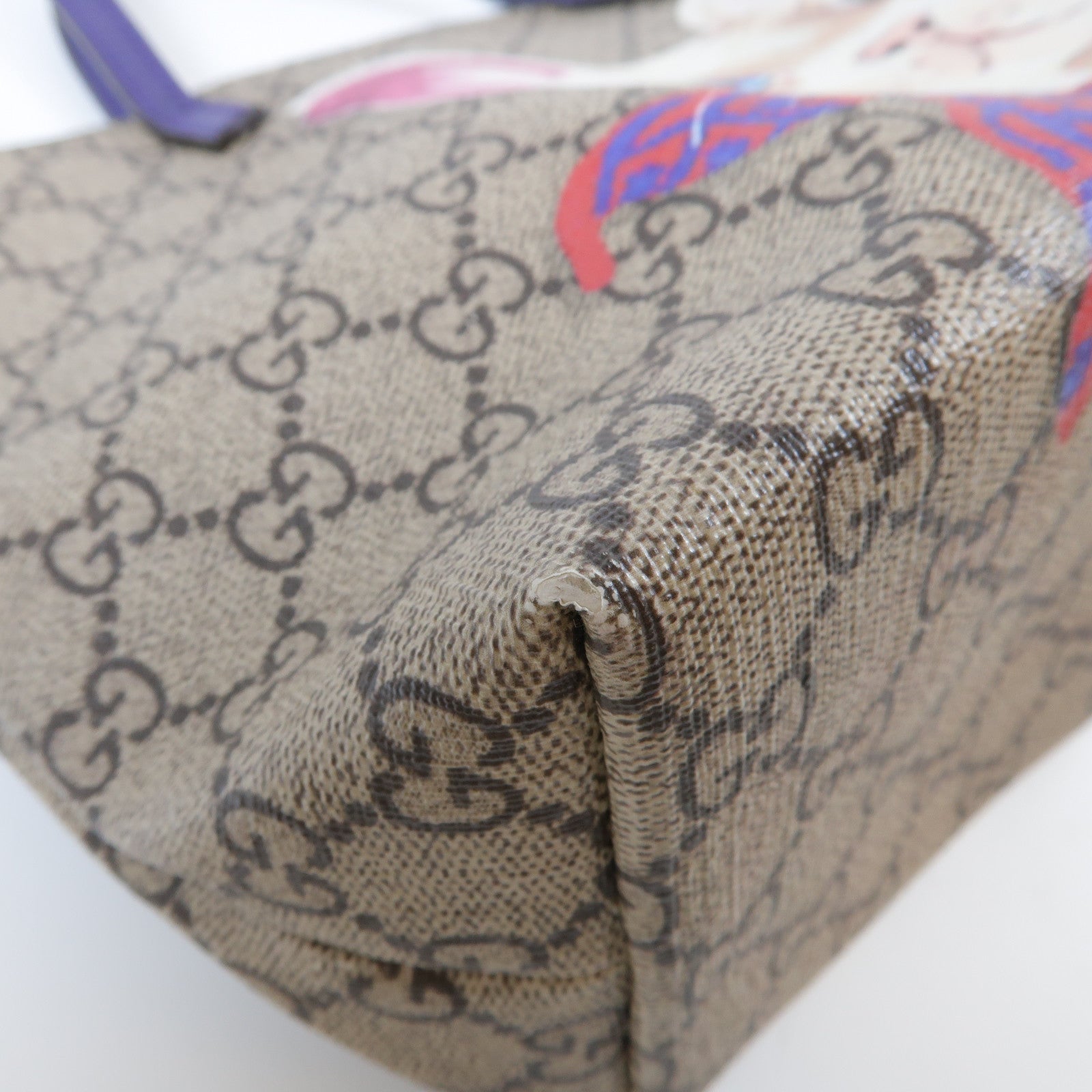GUCCI 塗層帆布Cat Printed Handbag銀扣手挽袋啡色/紫色