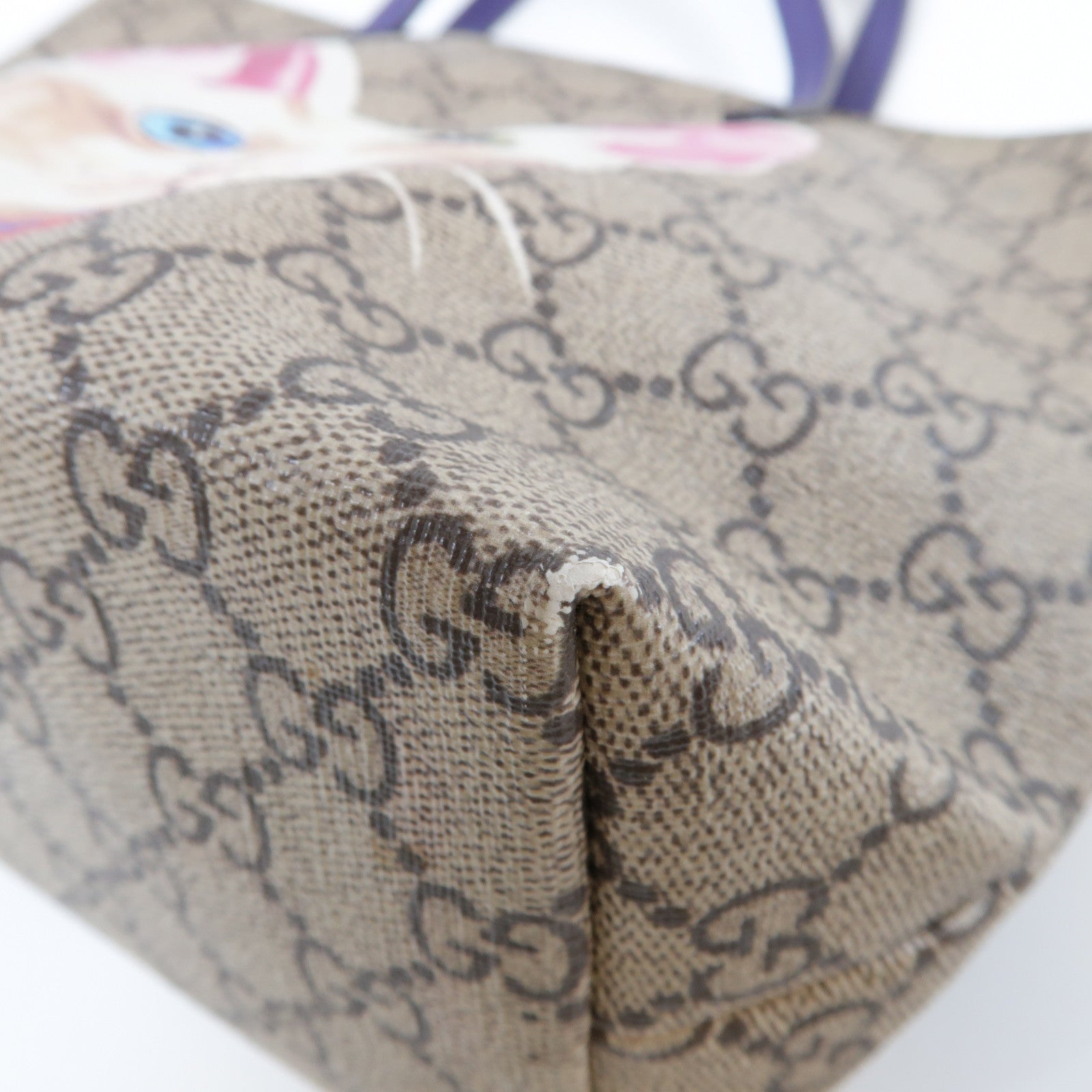 GUCCI 塗層帆布Cat Printed Handbag銀扣手挽袋啡色/紫色