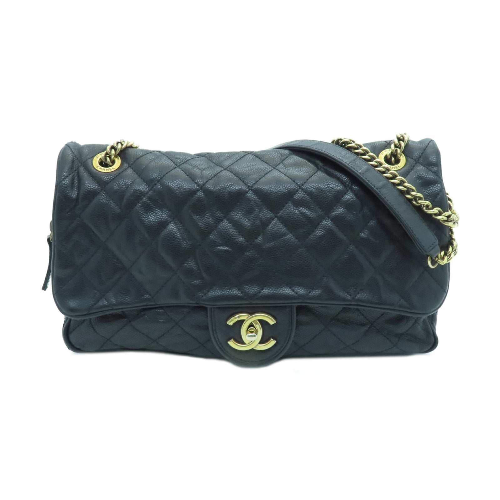 CHANEL Rhombus Caviar Leather Chain Shoulder Bag Gold Buckle Chain Belt Shoulder Bag Black
