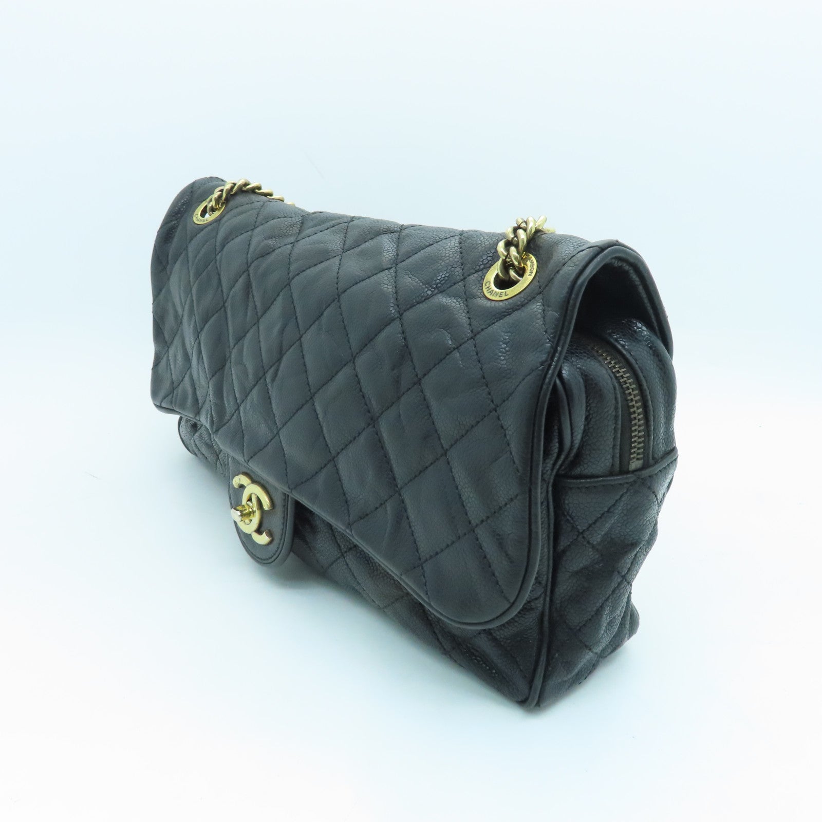 CHANEL Rhombus Caviar Leather Chain Shoulder Bag Gold Buckle Chain Belt Shoulder Bag Black