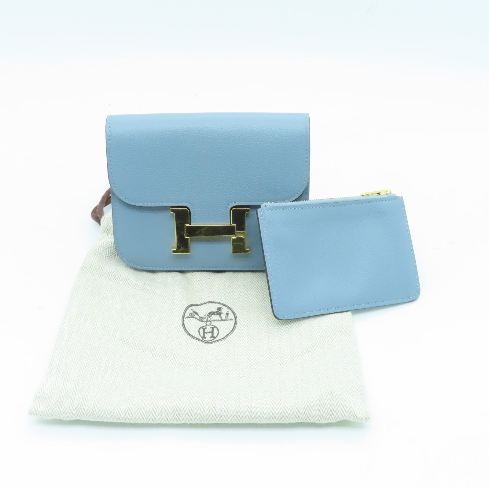 HERMES Clemence皮革Constance Slim金扣錢包淺藍色