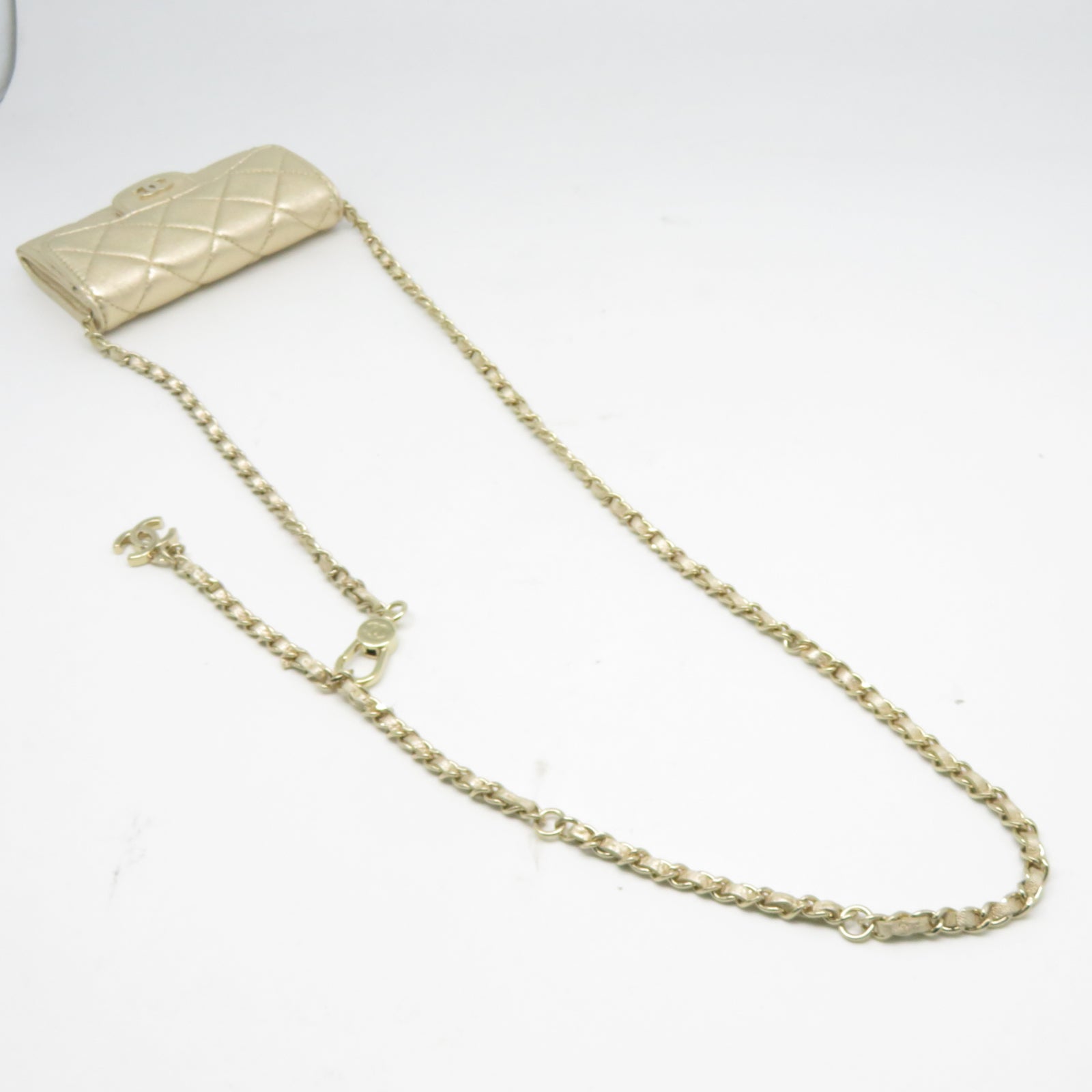 CHANEL 菱格羊皮皮革Card Case Waist Bag金扣鏈帶卡片套金色