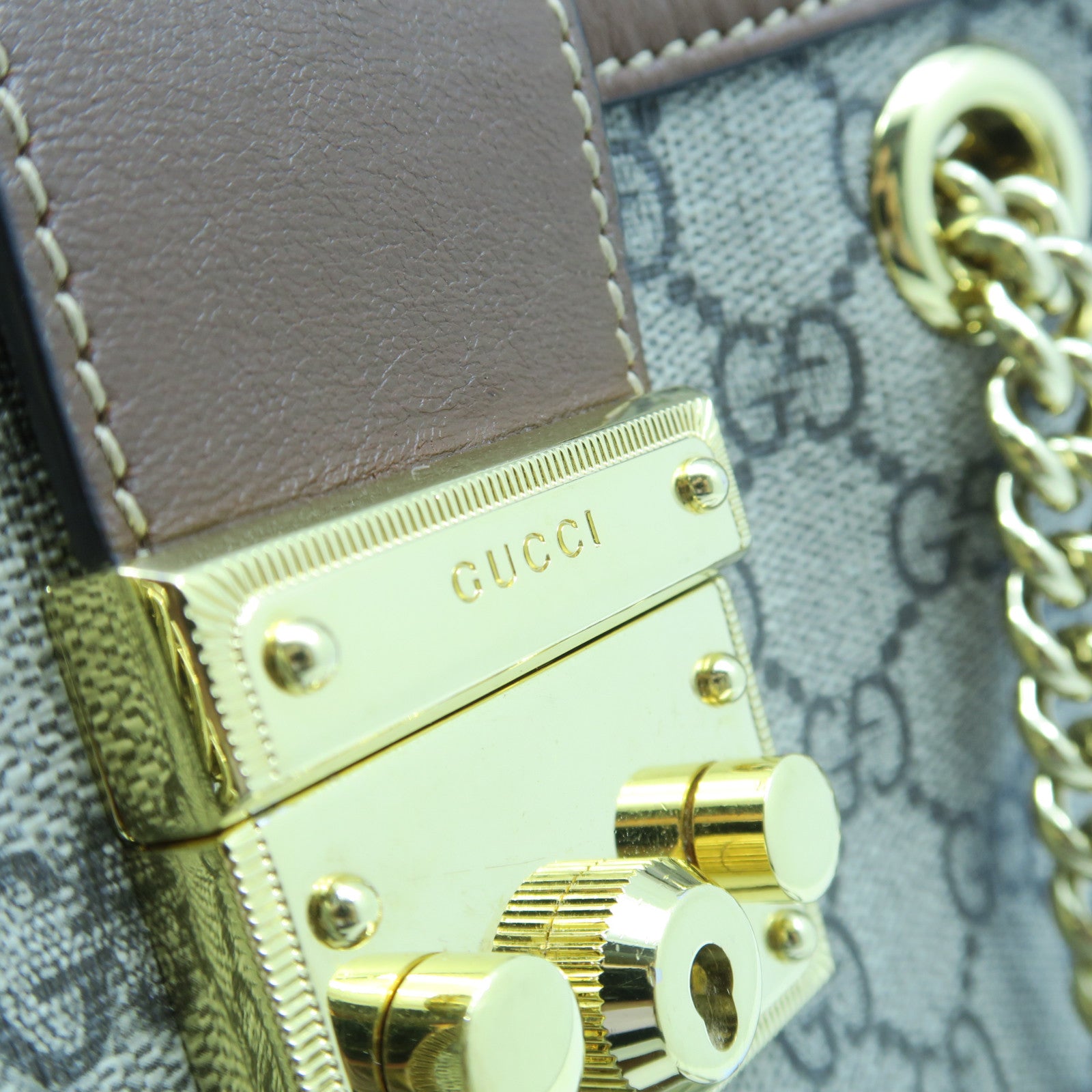 GUCCI 塗層帆布Shoulder Bag金扣肩背袋卡其色