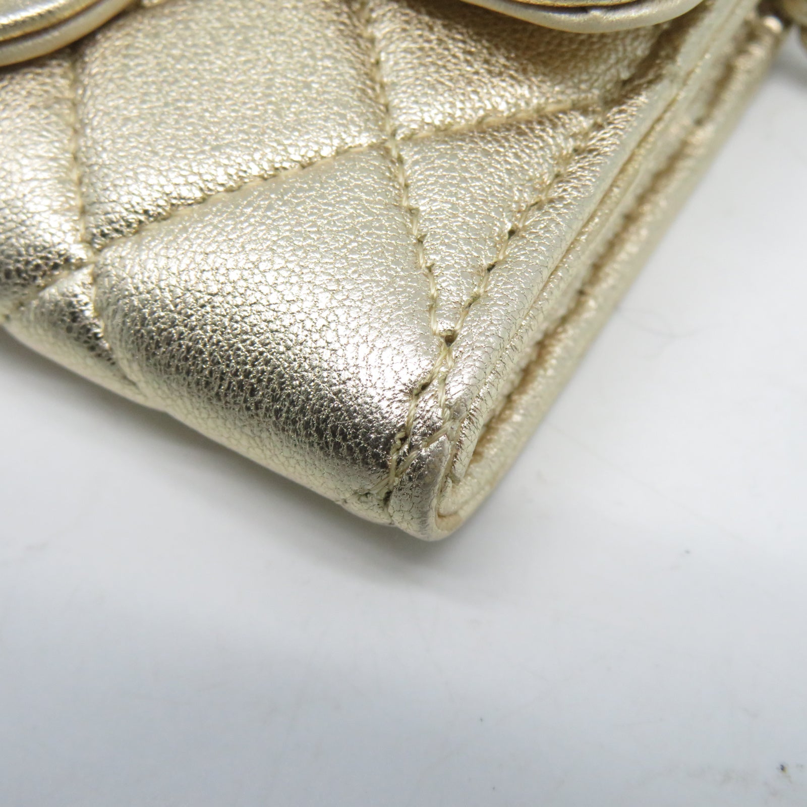 CHANEL 菱格羊皮皮革Card Case Waist Bag金扣鏈帶卡片套金色