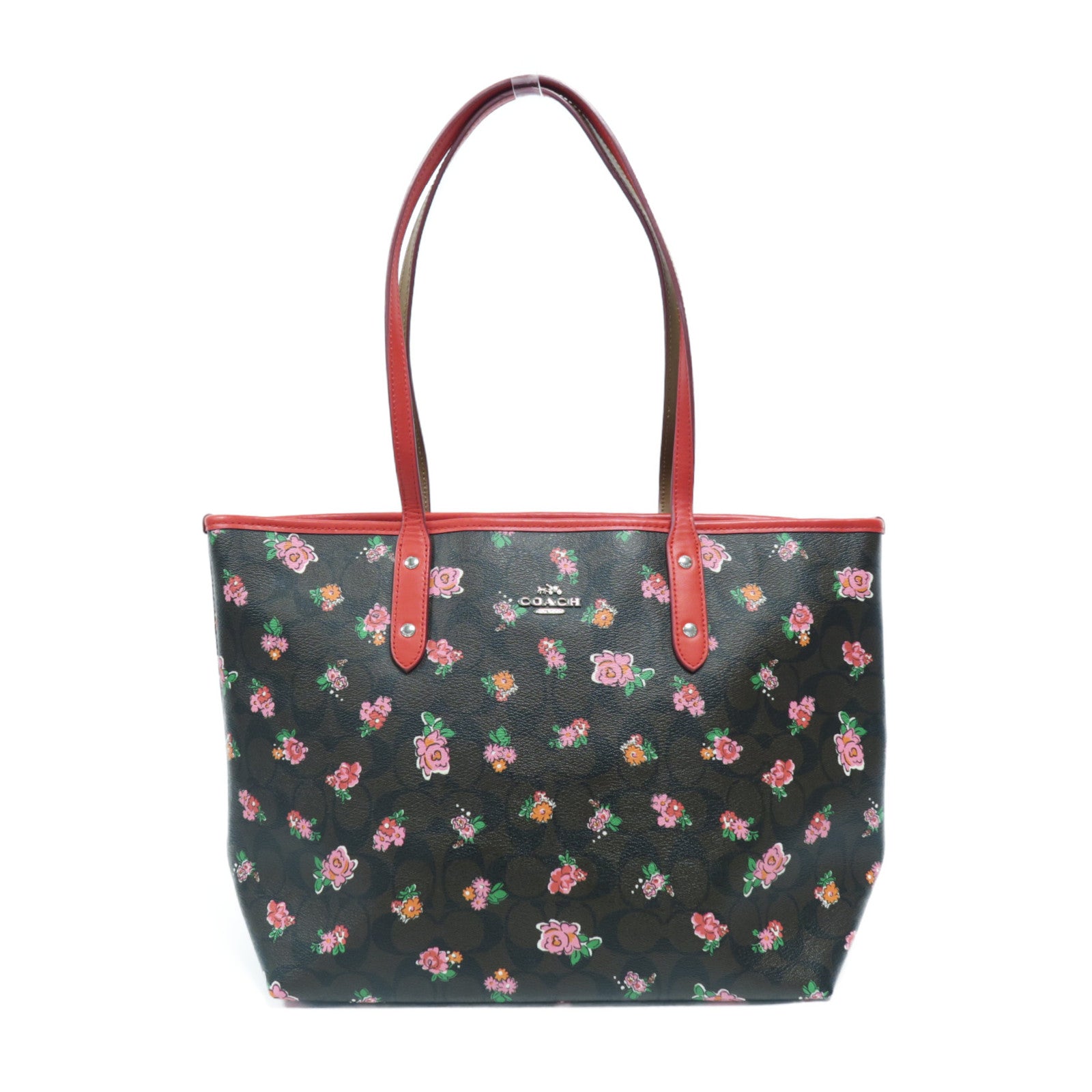 COACH 塗層帆布Tote Bag銀扣肩背袋啡色/紅色