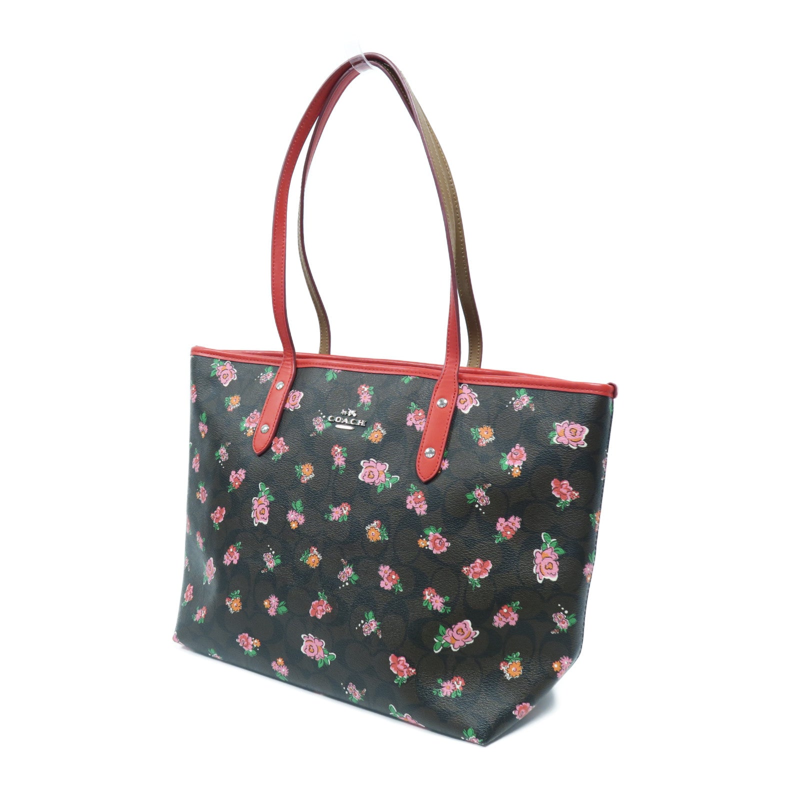 COACH 塗層帆布Tote Bag銀扣肩背袋啡色/紅色
