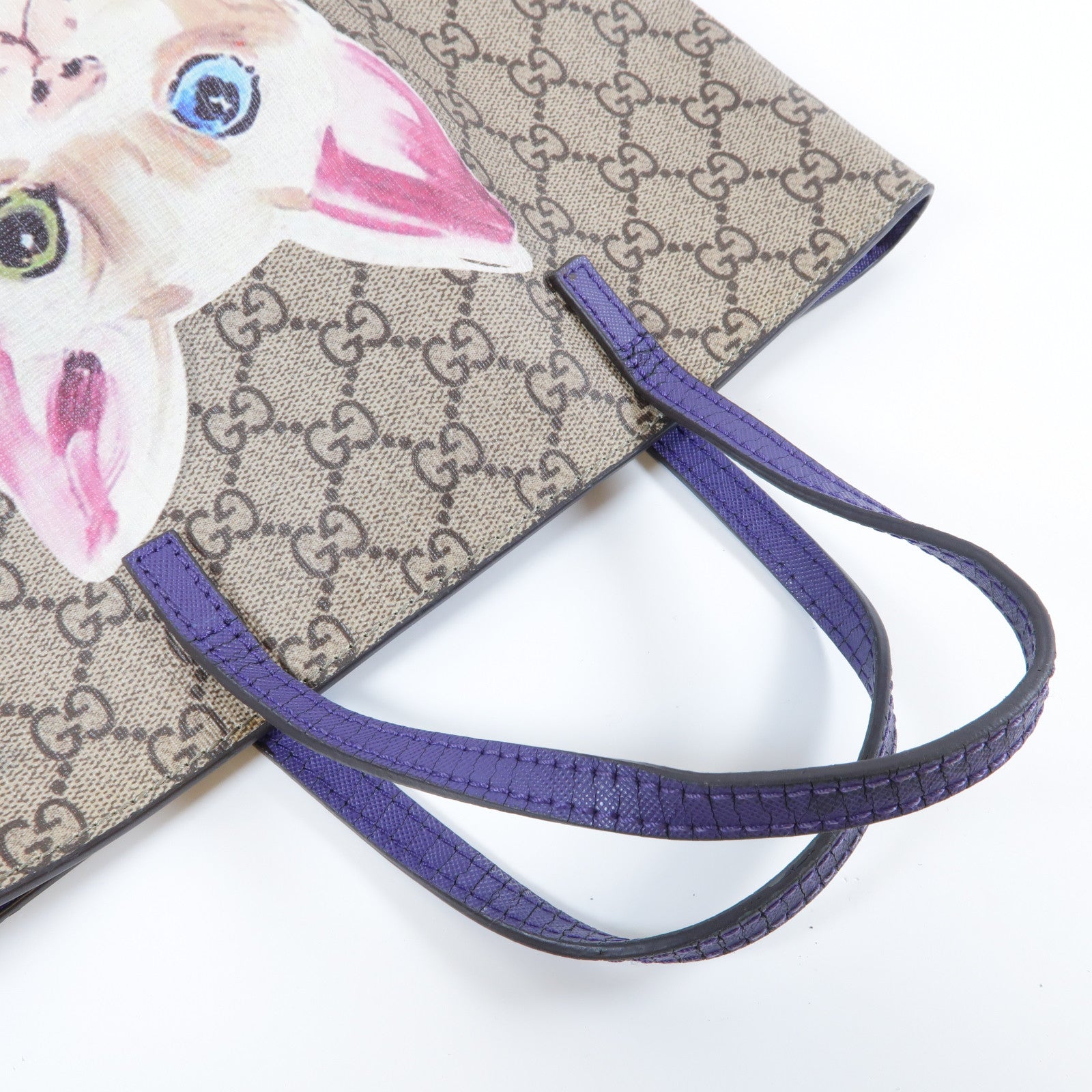 GUCCI 塗層帆布Cat Printed Handbag銀扣手挽袋啡色/紫色