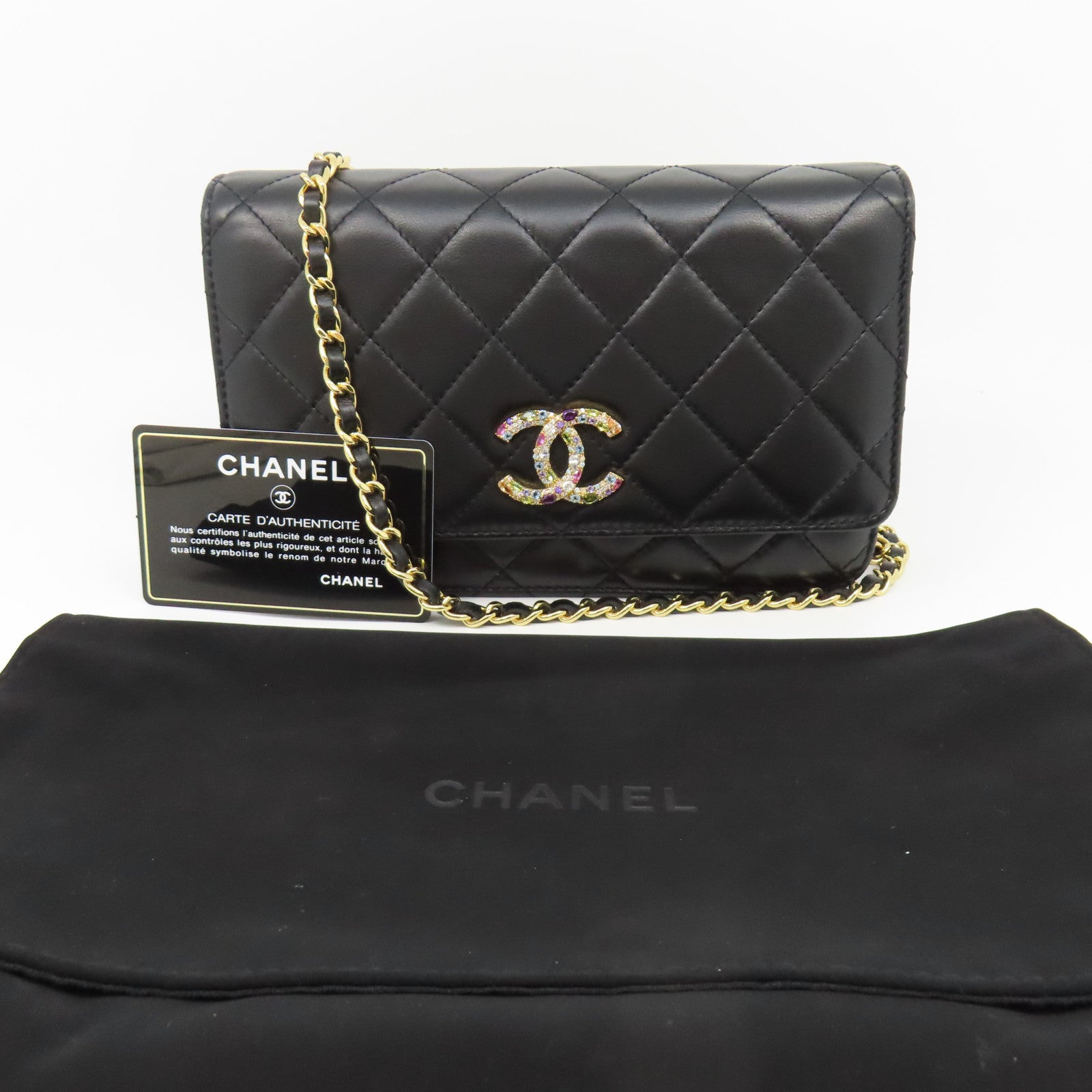 CHANEL 菱格羊皮皮革Chain Shoulder金扣鏈帶肩背袋黑色