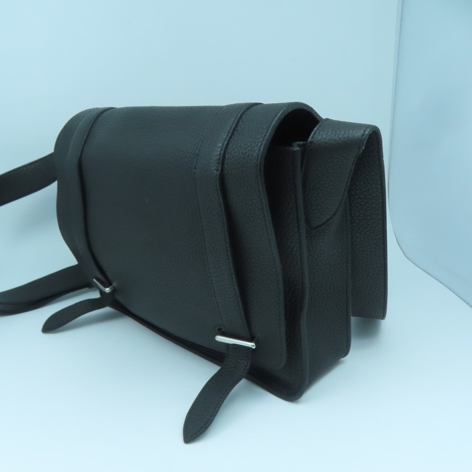 HERMES Taurillon Clemence Leather Steve Silver Buckle Shoulder Bag Black