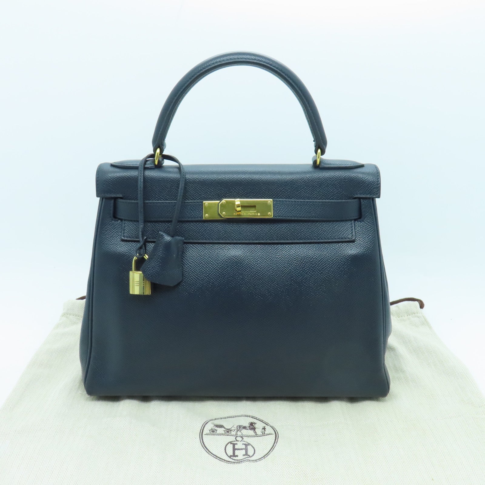 HERMES Epsom皮革Kelly 28金扣手挽袋藍色
