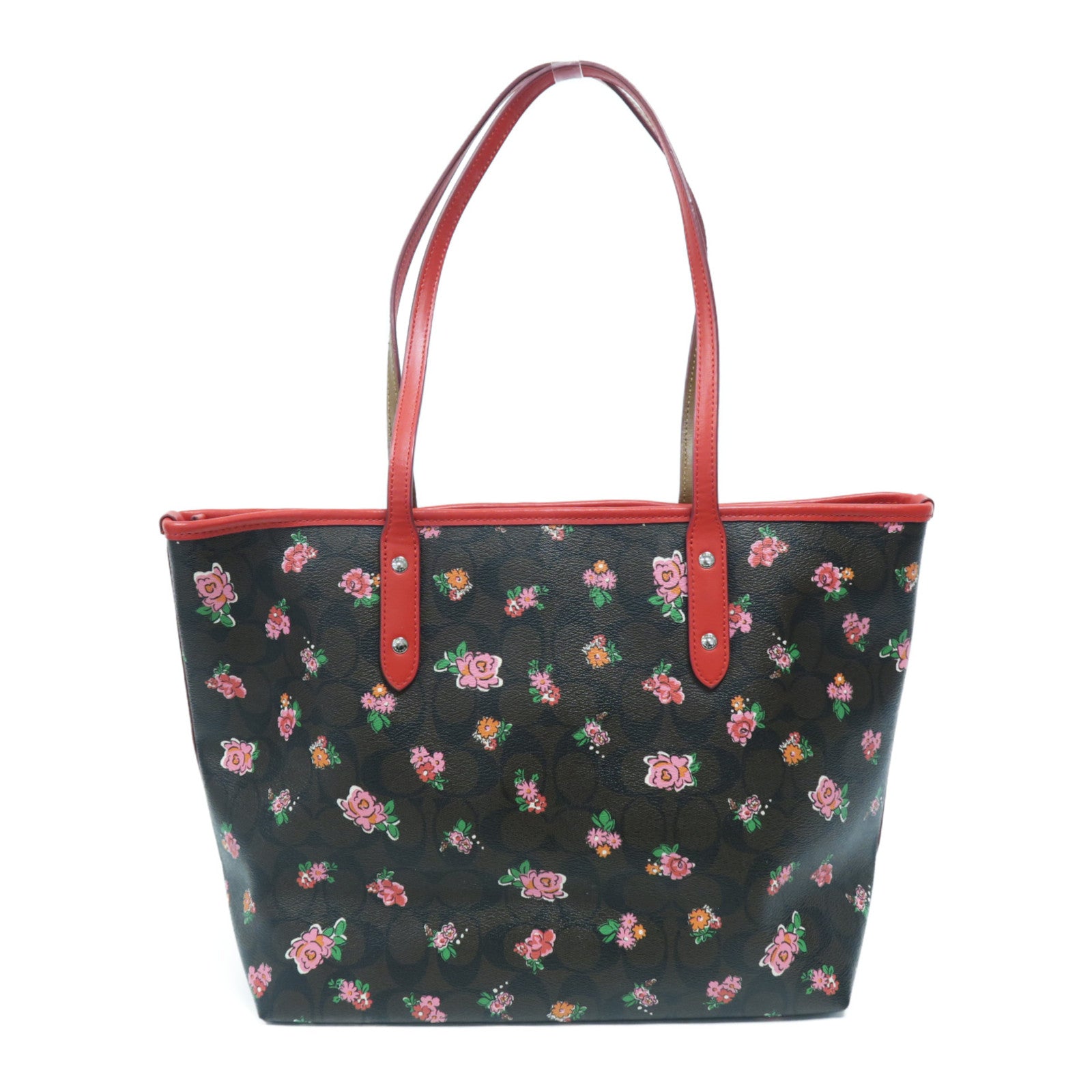 COACH 塗層帆布Tote Bag銀扣肩背袋啡色/紅色