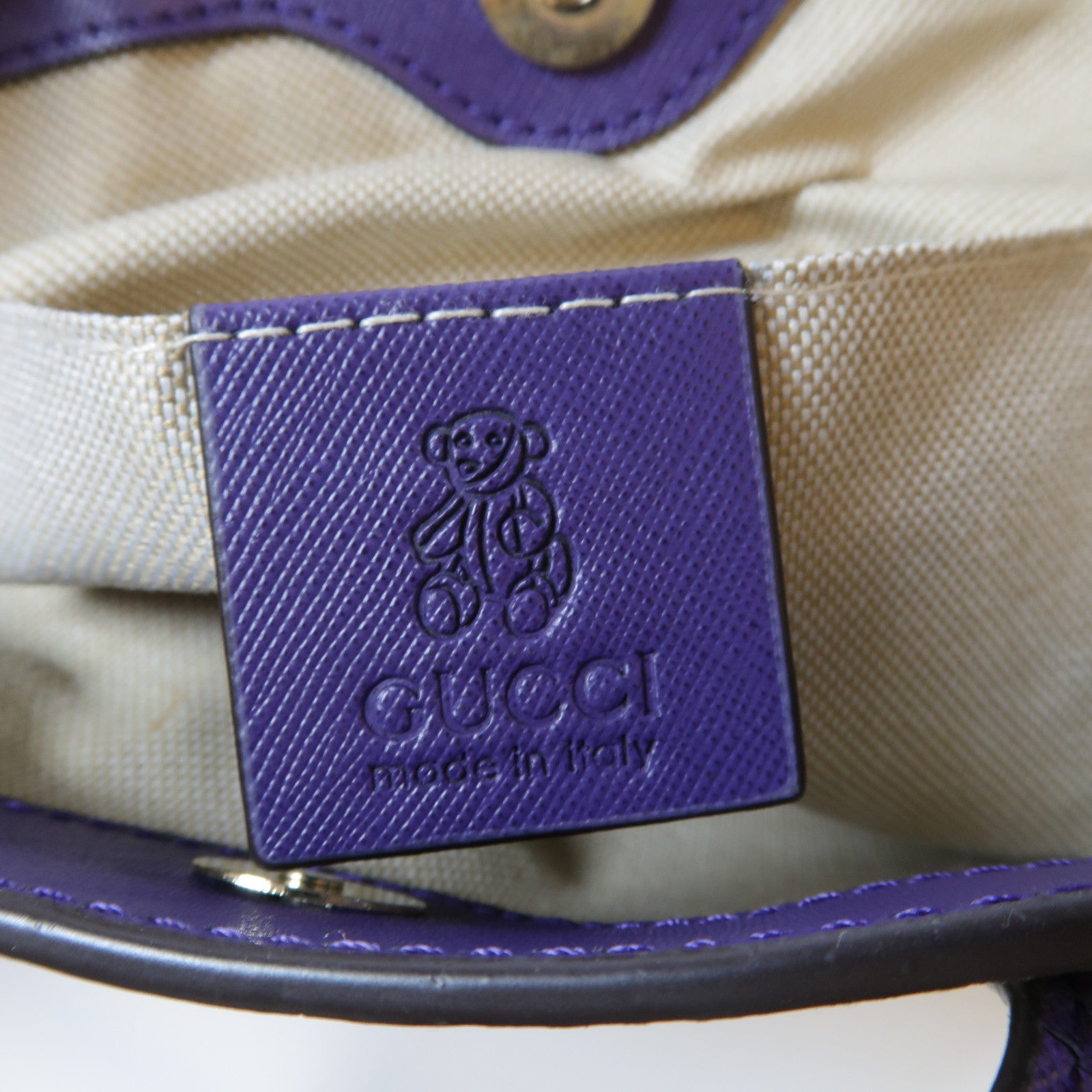 GUCCI 塗層帆布Cat Printed Handbag銀扣手挽袋啡色/紫色