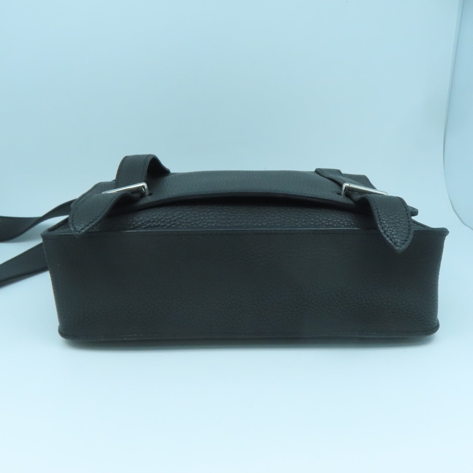 HERMES Taurillon Clemence Leather Steve Silver Buckle Shoulder Bag Black