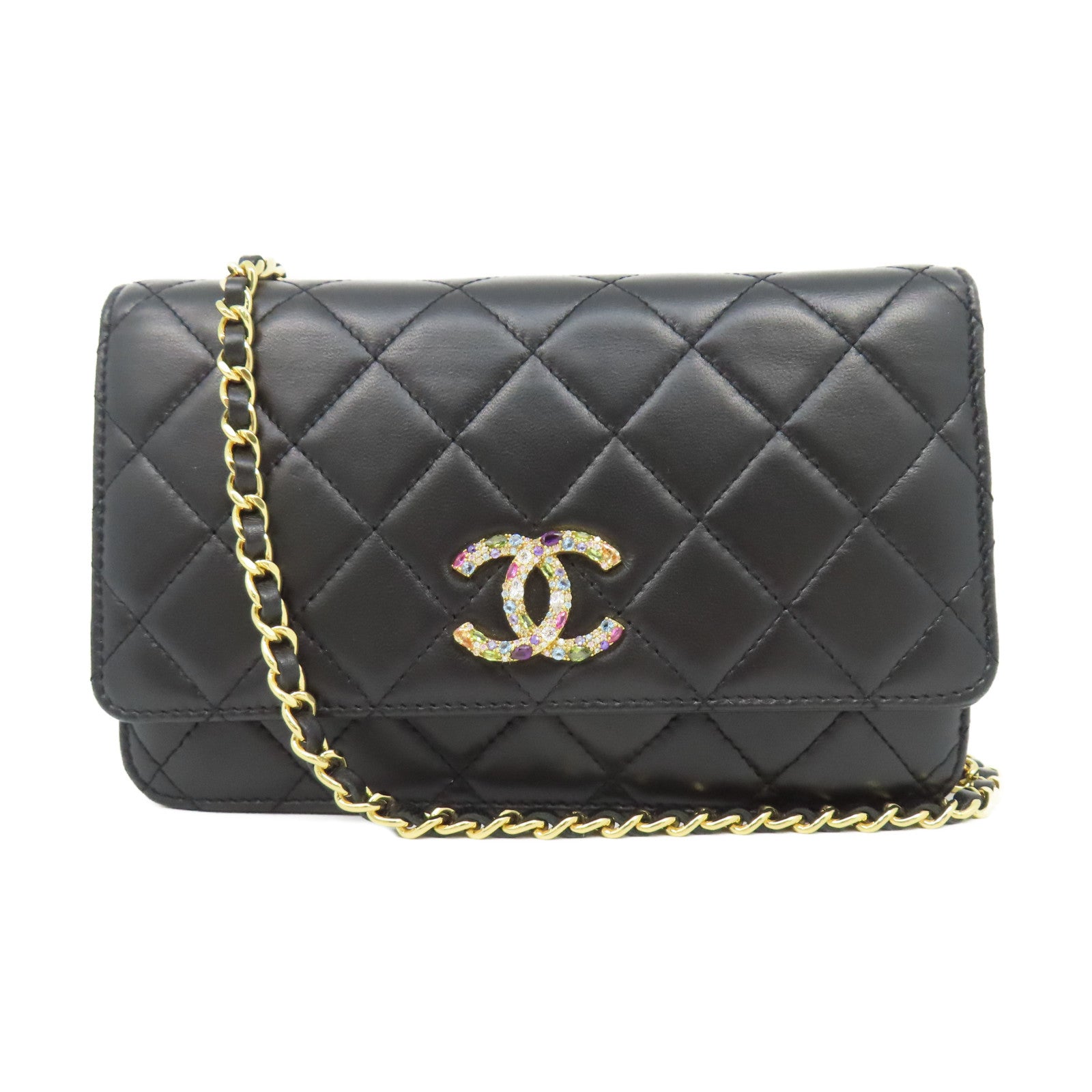 CHANEL 菱格羊皮皮革Chain Shoulder金扣鏈帶肩背袋黑色