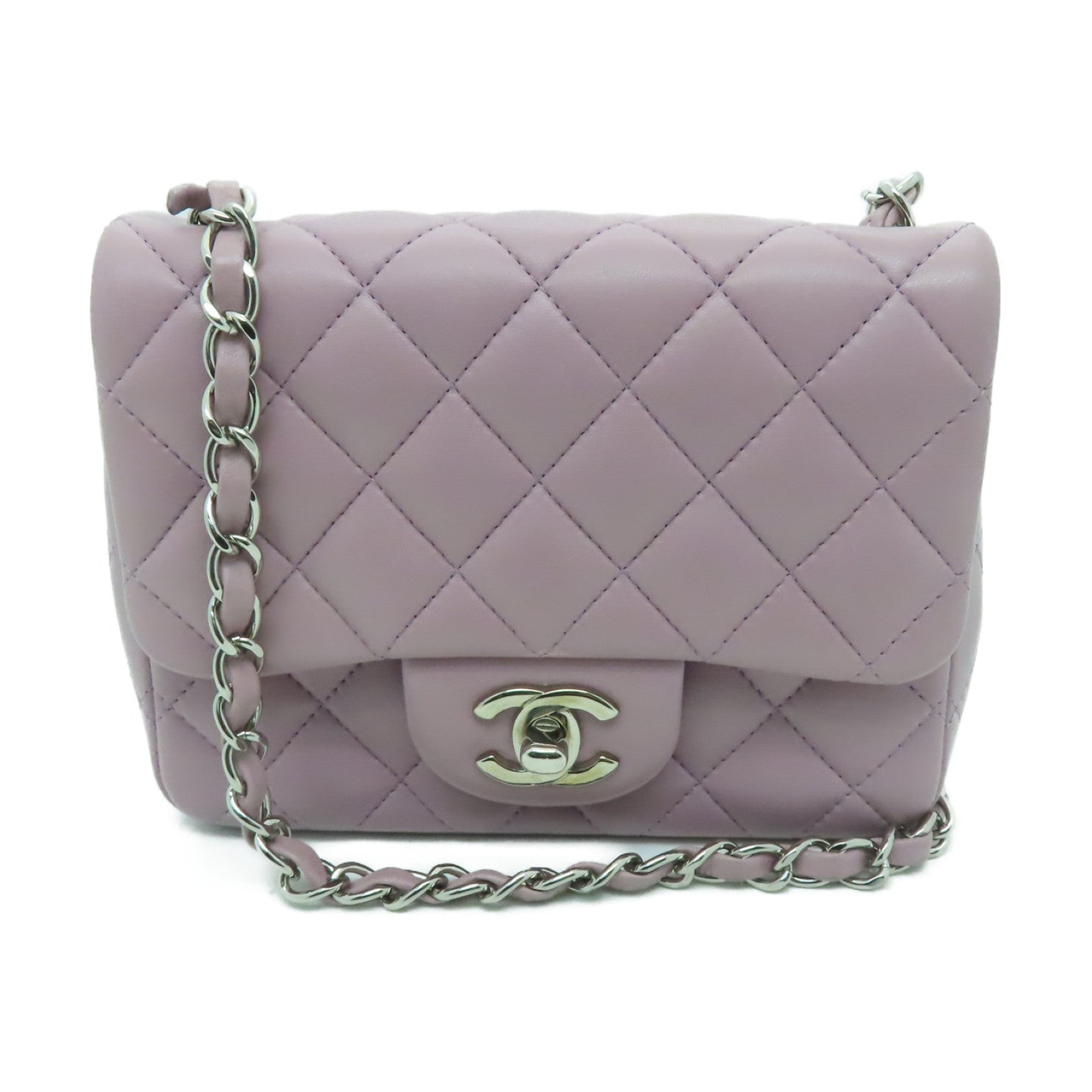 CHANEL 菱格羊皮皮革Classic 17銀扣鏈帶肩背袋紫色